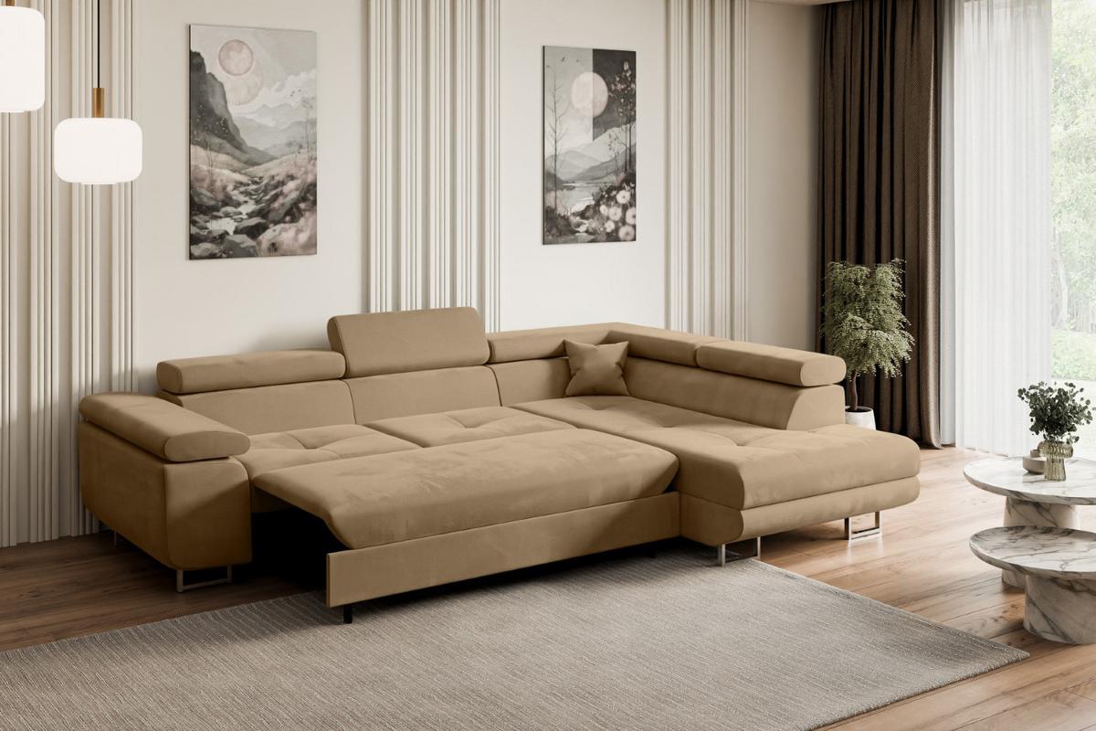ECKSOFA mit Schlaffunktion und Bettkasten GUSA-L 272x202x107 cm Beige Velours - Beige/Silberfarben, Holzwerkstoff/Textil (272/202cm) - ALTDECOR
