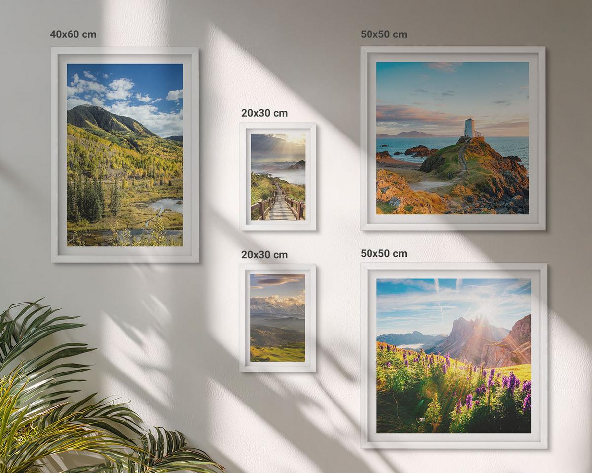 BILDER SET 5er Set - 50x50 cm & 20x30 cm & 40x60 cm Weißer Rahmen - Berglandschaften Wasserfall - Weiß, Kunststoff (40/60cm) - TULUP