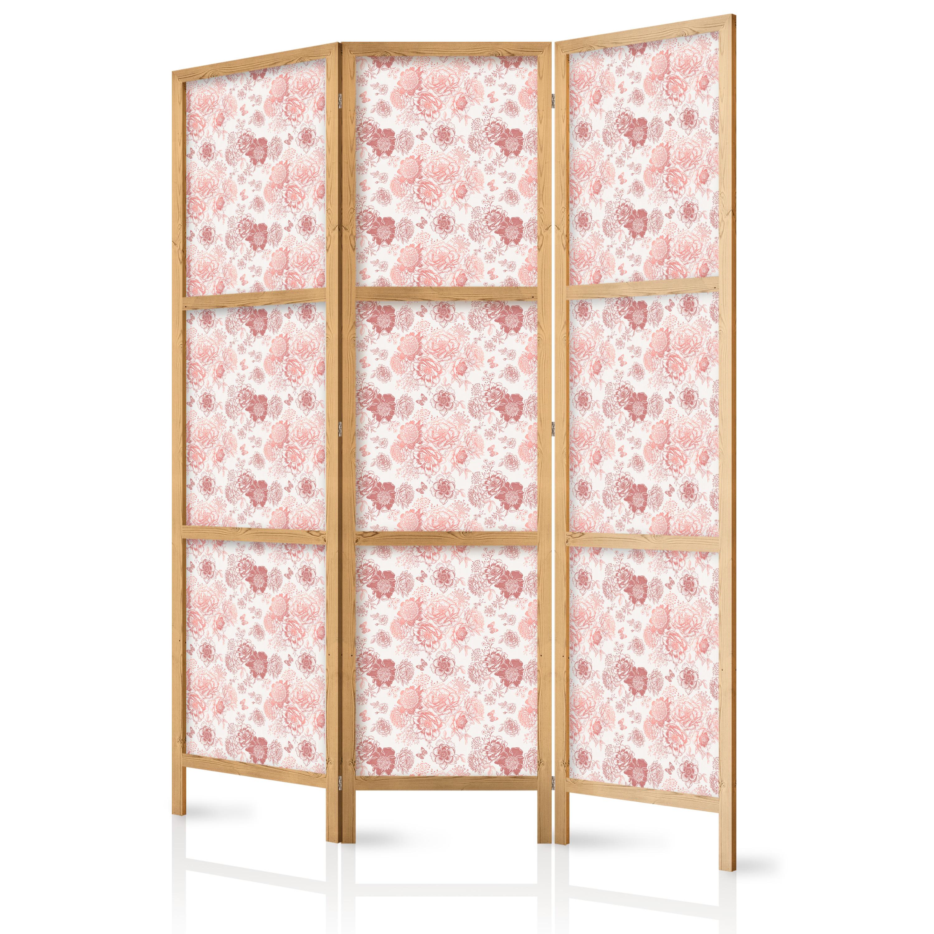 PARAVENT Japanischer 3-tlg 135x172 cm Rosa Blumen - Rosa, Holz/Textil (135/172/3cm) - Muralo