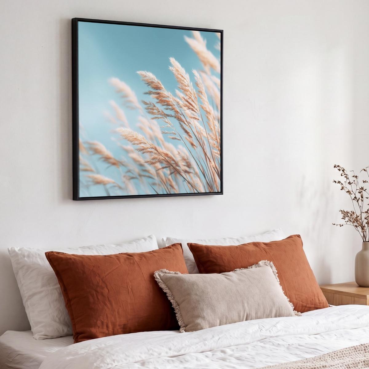 LEINWAND Bilder mit Rahmen - Ziergras - Wind - Hellbraun - 50x50 - Hellblau, Textil (50/50cm) - MuchoWow