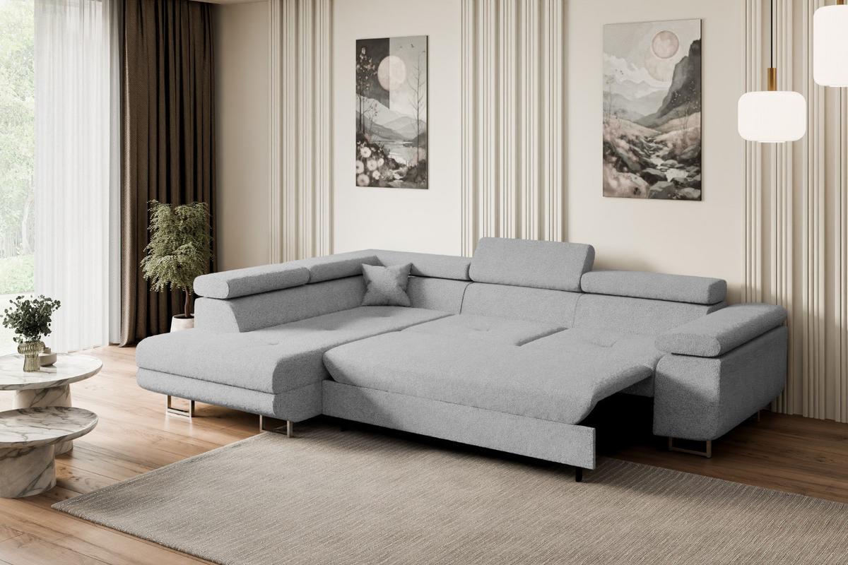 ECKSOFA mit Schlaffunktion und Bettkasten GUSA-L 272x202x107 cm Grau Bouclé - Silberfarben/Hellgrau, Holzwerkstoff/Textil (202/272cm) - ALTDECOR
