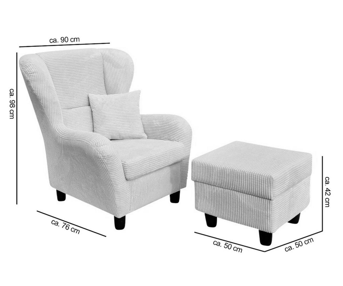 OHRENSESSEL mit HOCKER, hoher Sitzkomfort durch Wellenunterfederung B90/H98/T76 cm, Cord Taupe / 18020 - Schwarz/Braun, Holz/Textil (90/98/76cm) - luma-home