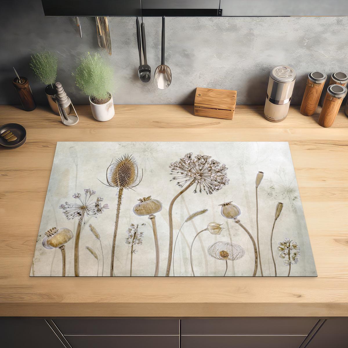 HERDABDECKPLATTE Blumen - Aquarell - Stilleben - Braun - Vintage Induktionsmatte 77x51 cm - Sandfarben, Kunststoff (77/51/0.2cm) - MuchoWow