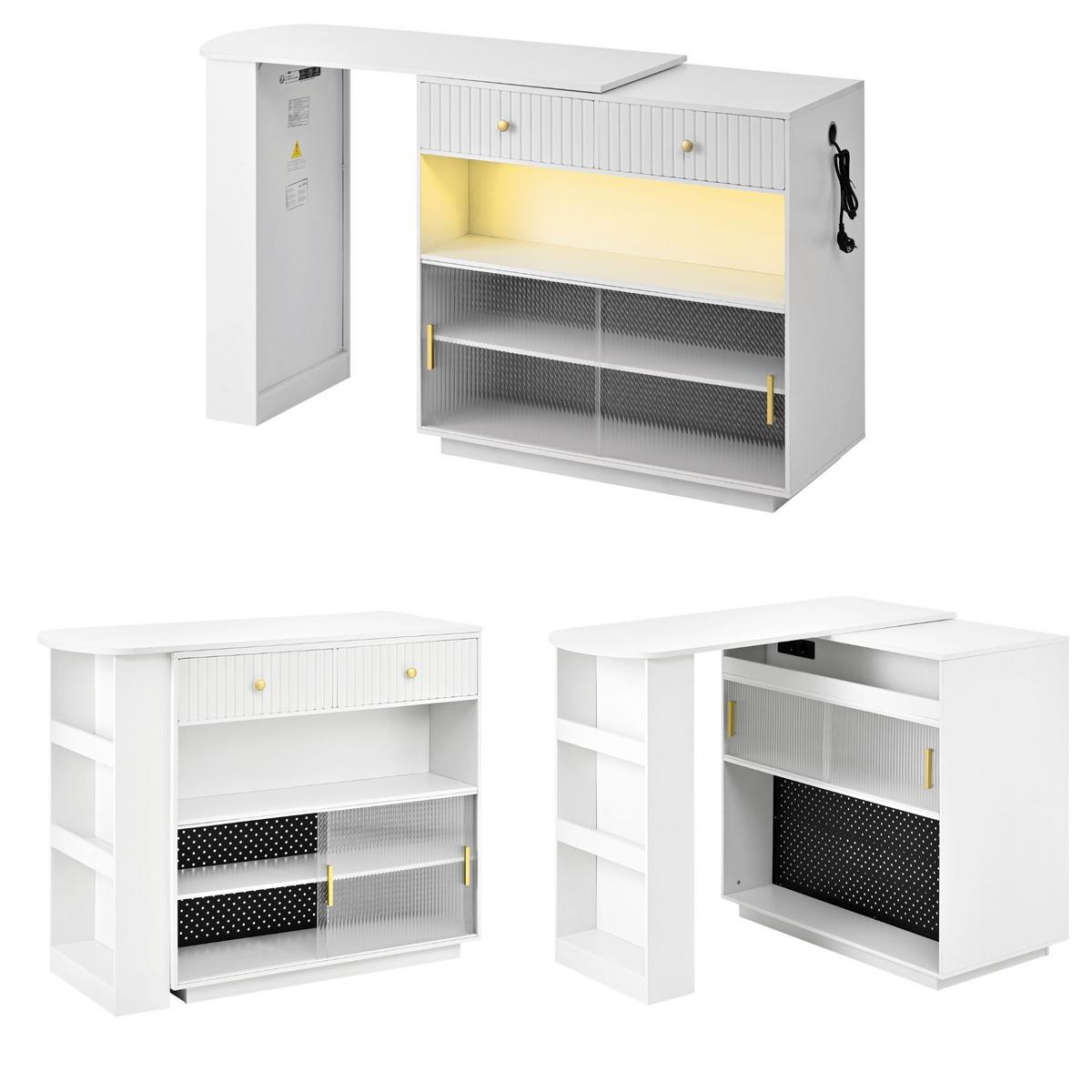 BARTISCH mit sideboard in weiß mit riffelglas, 360° drehbar - Weiß, Holzwerkstoff (50/120/95.5cm) - Urban Meuble
