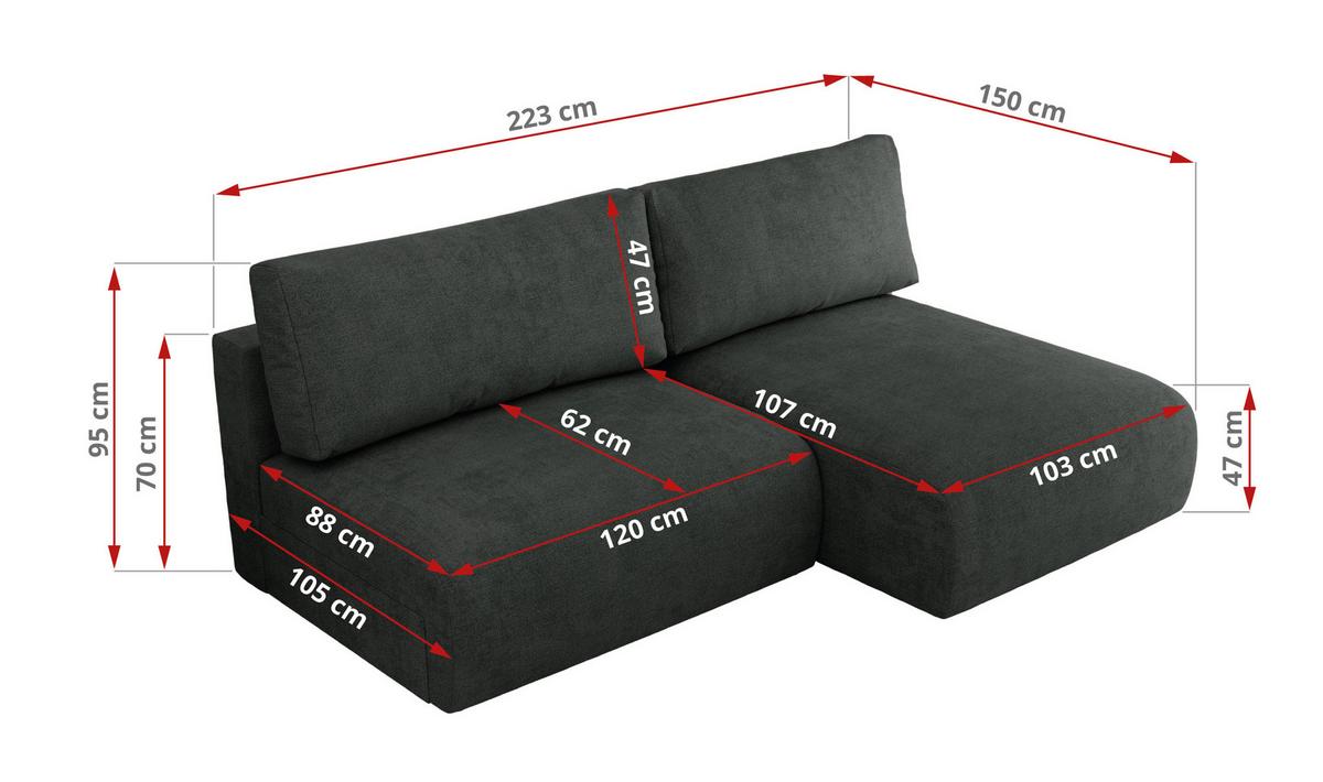 ECKSCHLAFSOFA VIVO L Dunkelgrau Struktur - rechts - Dunkelgrau/Schwarz, Kunststoff/Textil (150/223cm) - MKS