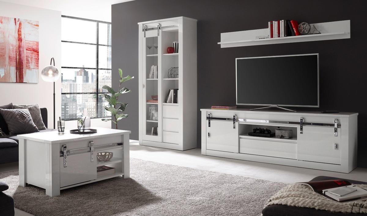 TV-LOWBOARD weiß Hochglanz 201 x 66 cm, TV Unterteil in Komforthöhe mit Soft-Close - Chromfarben/Weiß Hochglanz, Holzwerkstoff/Kunststoff (201/66/43cm) - Furn.Design