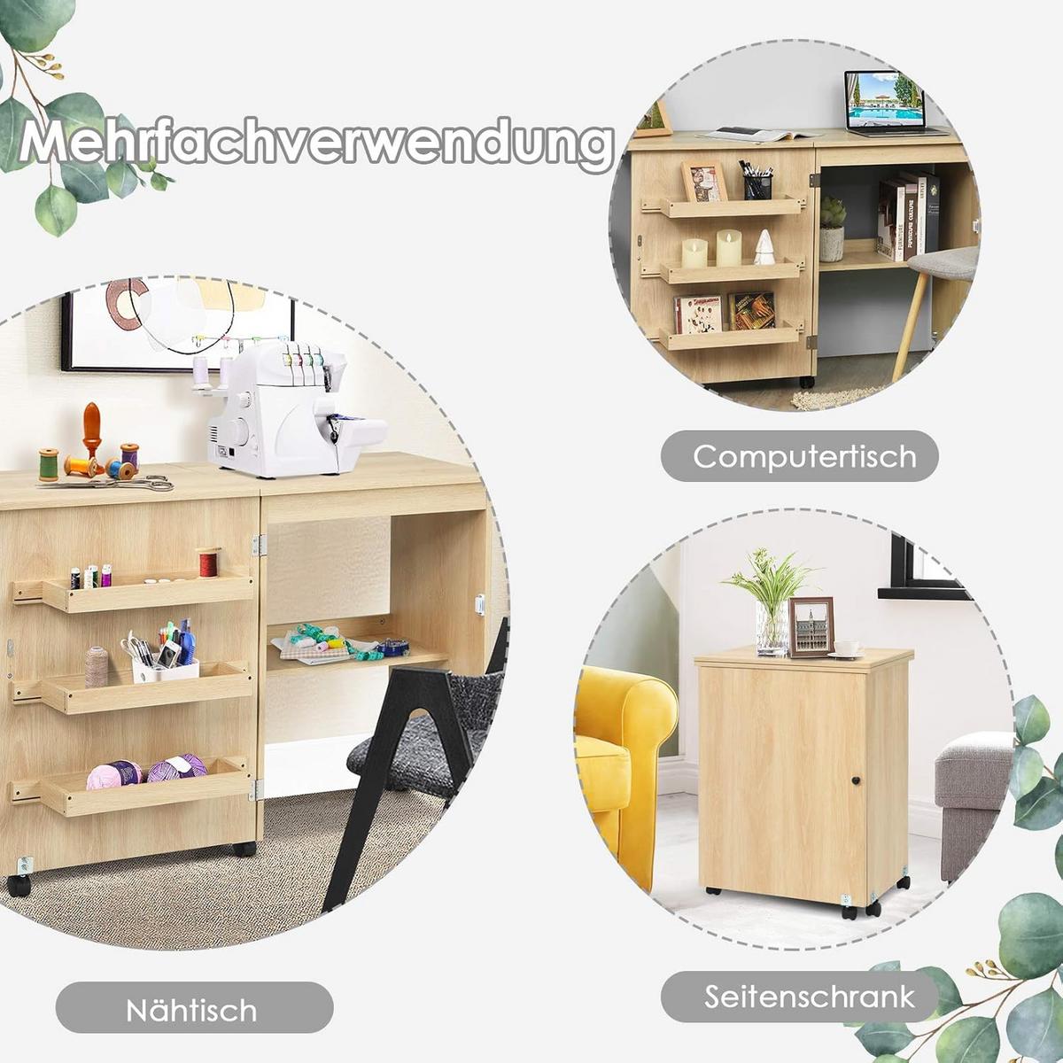 NÄHSCHRANK 2 in 1 Schreibtisch Beige - Beige, Holz (40/119/80cm) - COSTWAY