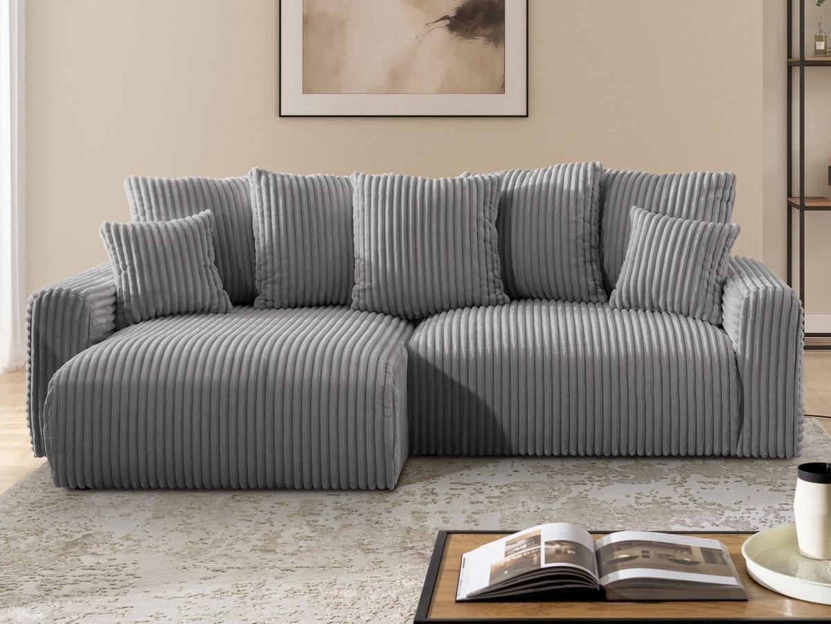 ECKSOFA Calma mit Schlaffunktion und Bettkasten im Bumpy-Design aus weichem Grau Plüschcord - Ottomane links - Schwarz/Grau, Holz/Kunststoff (239/140cm) - S-Style