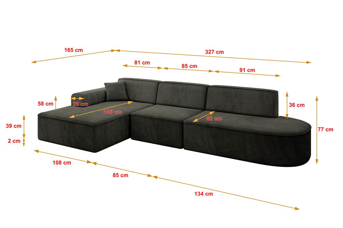 ECKSOFA Ottomane Links IREA-L2-v3 - 327x165x77 cm Schwarz - Schwarz, Holzwerkstoff/Textil (327/165cm) - ALTDECOR