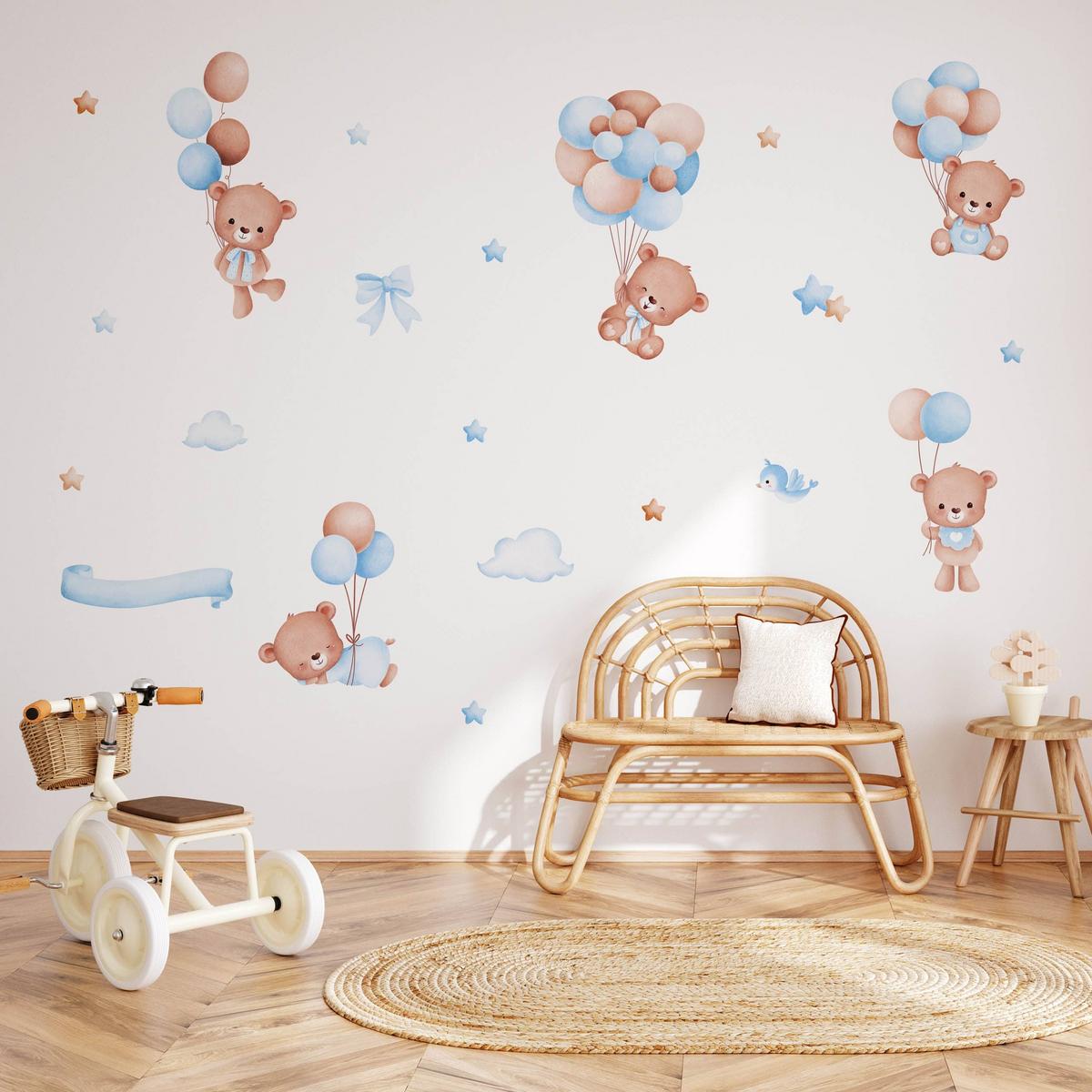 WANDSTICKER Teddybären Ballons Sterne Wolken 120x60 - Beige/Braun, Papier (120/60/1cm) - Muralo