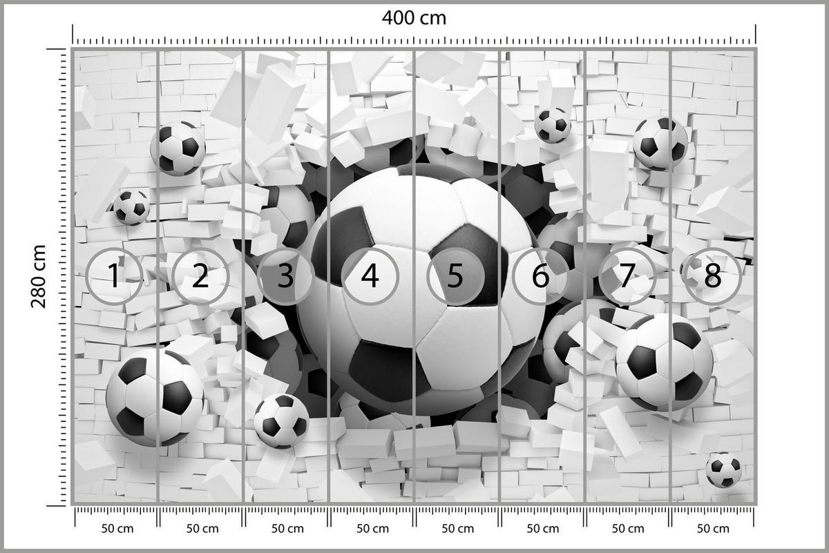 FOTOTAPETE für Jugendzimmer Fußbälle Weiße Ziegelwand Sport 400x280 - Schwarz/Weiß, Papier (400/280cm) - Muralo