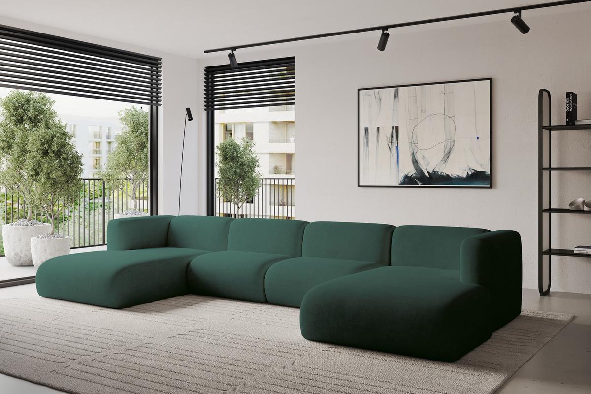 WOHNLANDSCHAFT MIRA-U2 408x179x70 Grün Velours - Dunkelgrün/Schwarz, Holzwerkstoff/Kunststoff (408/70/179cm) - ALTDECOR