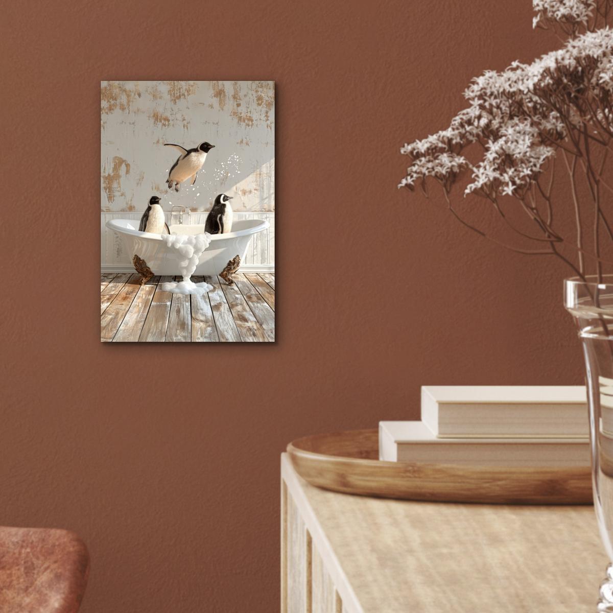 METALLBILD Vintage - Pinguin - Badewanne - Schaumstoff 20x30 cm - Schwarz, Metall (20/30cm) - MuchoWow