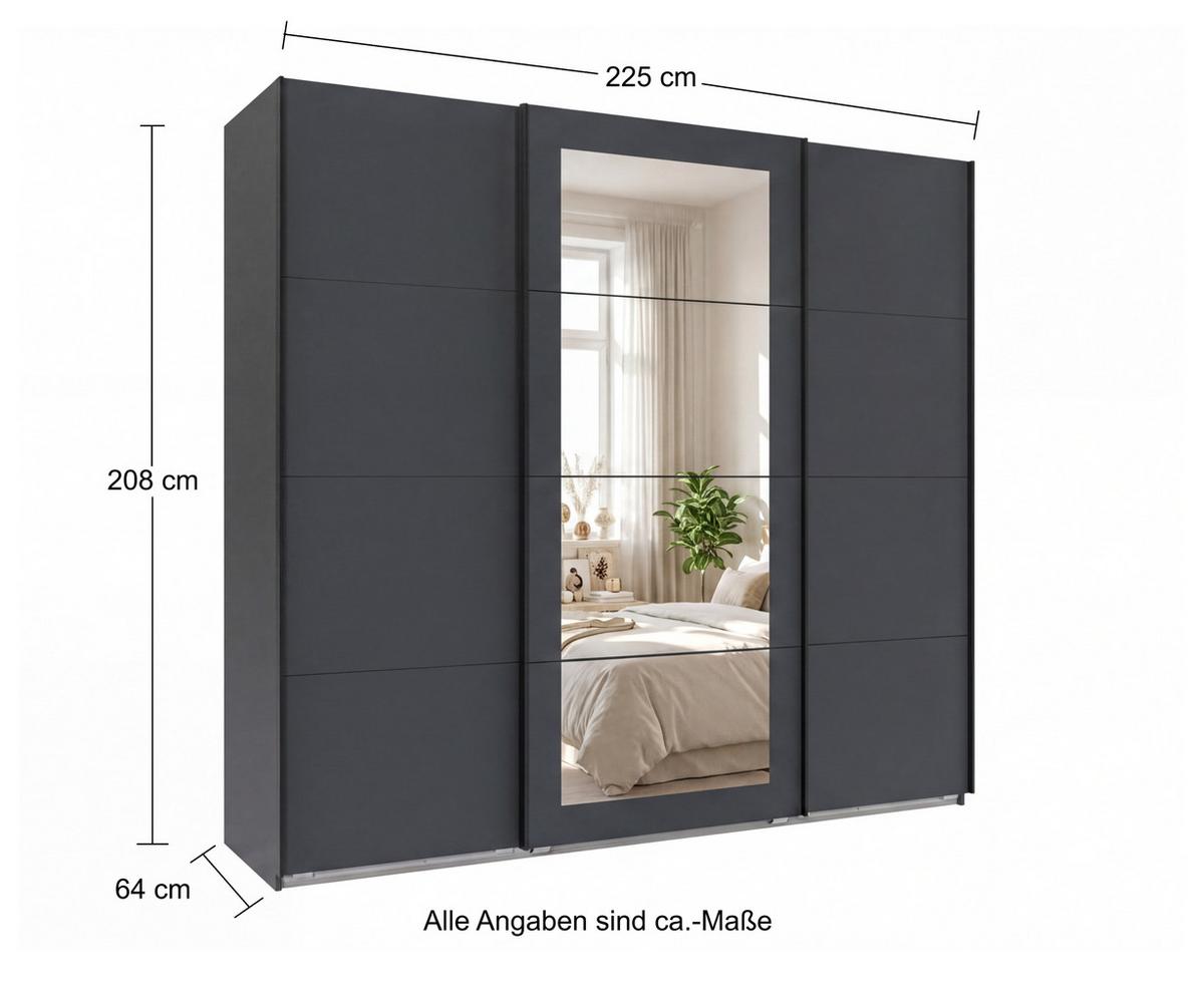 SCHWEBETÜRENSCHRANK 3-türig B225/H208/64 cm Kleiderschrank in Grafit, mittig Spiegel, Griffe Schwarz / 22627 - Graphitfarben/Schwarz, Holzwerkstoff/Metall (225/208/64cm) - luma-home