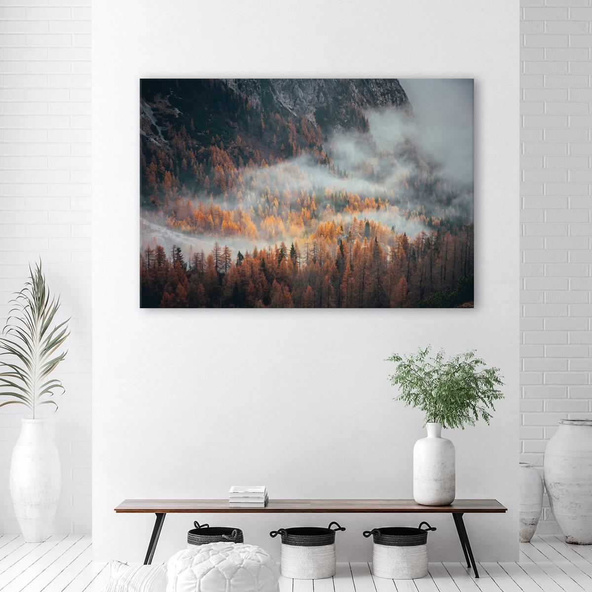 WANDBILD landschaft wald im nebel - Orange, Textil (60/40cm) - Feeby