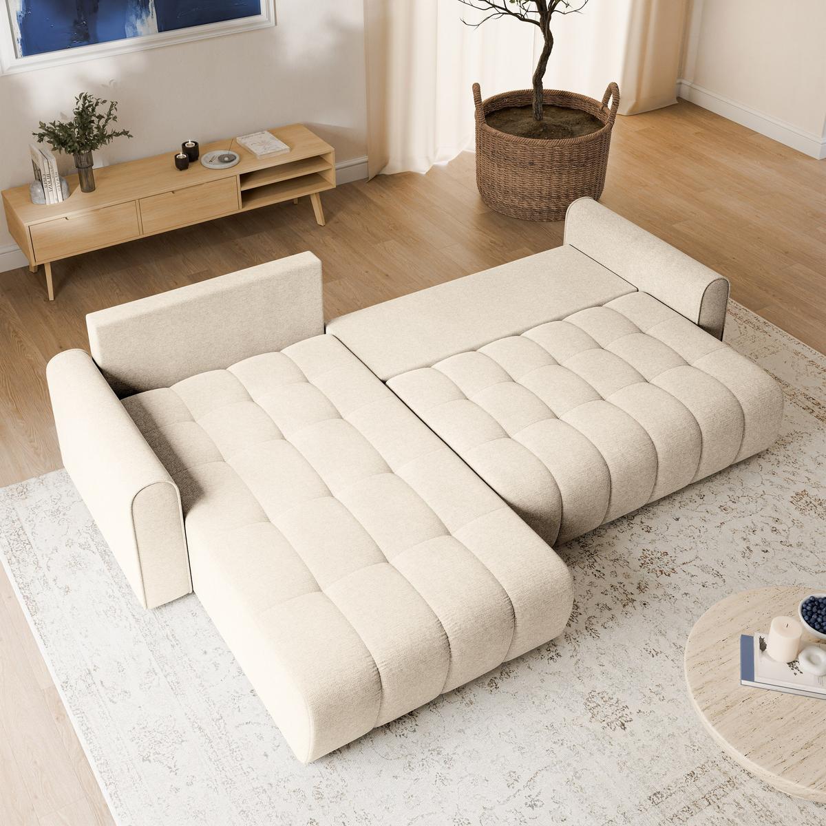 ECKSOFA FRIGA Creme Strukturstoff mit Schlaffunktion - Creme, Holz (283/185cm) - MASSENO
