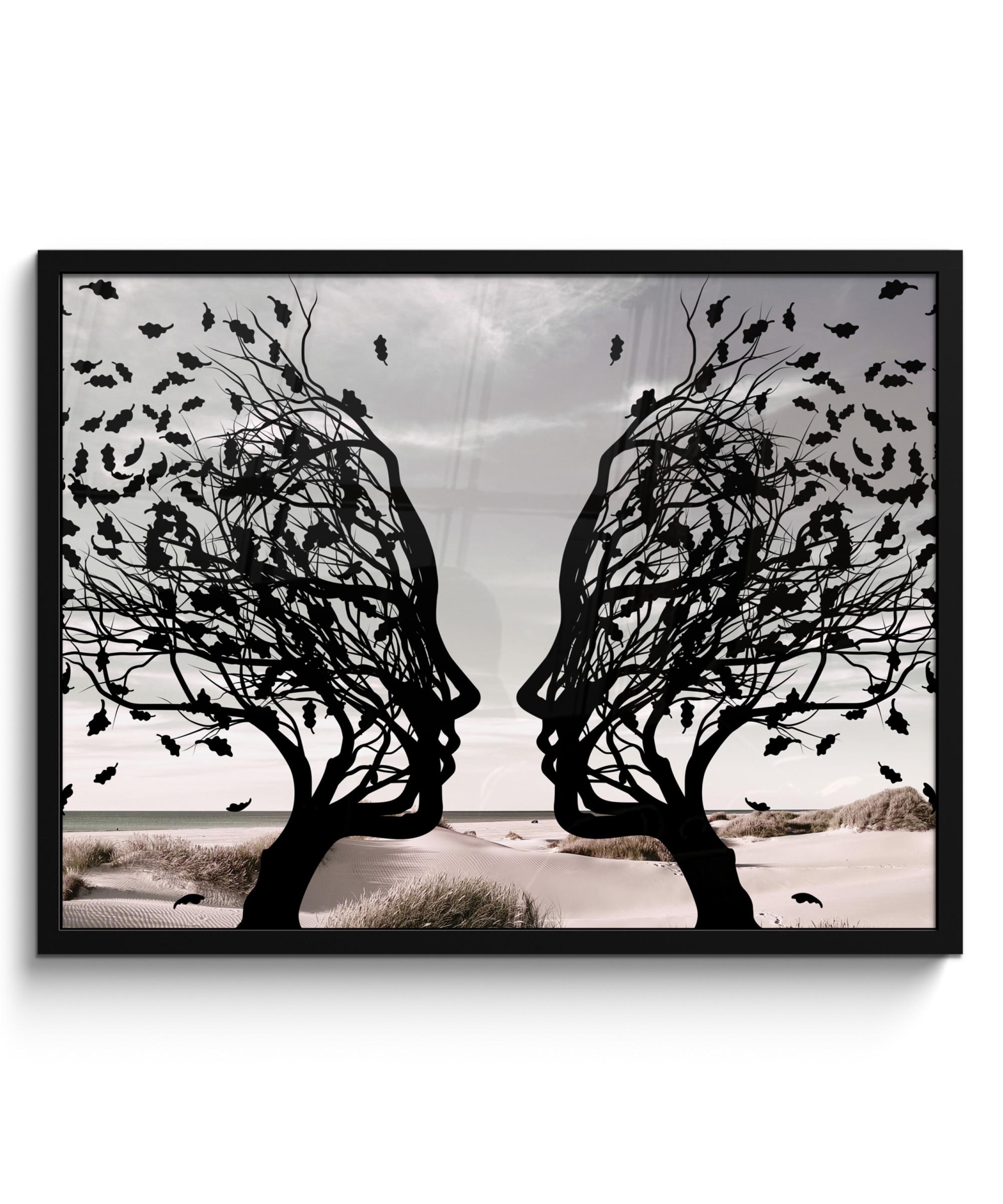POSTER MIT RAHMEN Strand - Meer - Menschen - Baum - Moderne Kunst 80x60 cm - Hellgrau, Papier (80/60cm) - MuchoWow