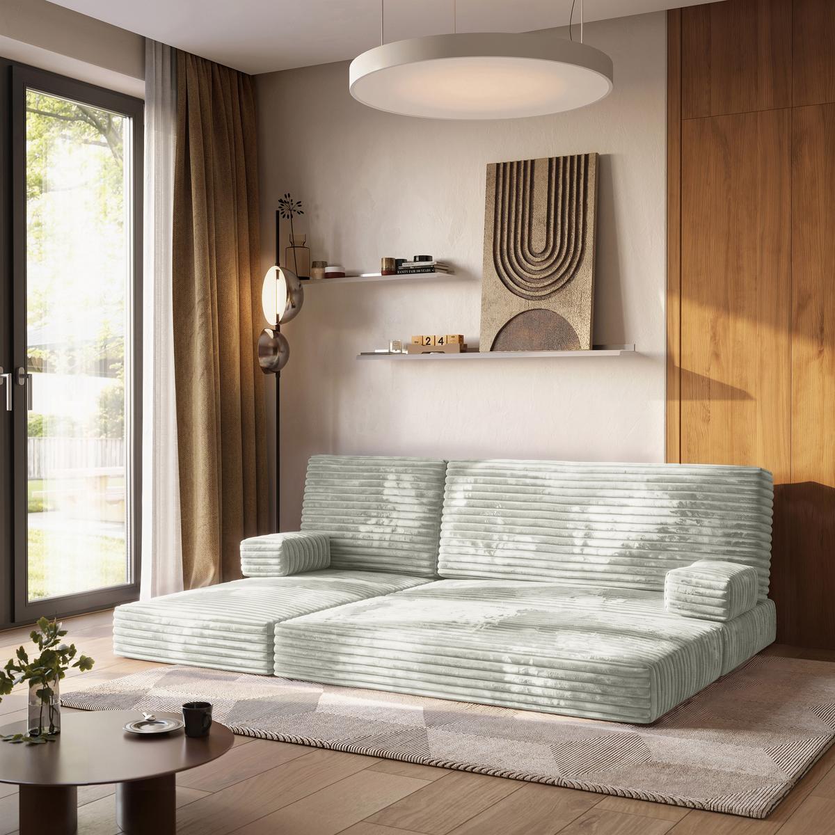 ECKSOFA NOTIA modulares Boneless Sofa mit Schlaffunktion Hellgrau Kordstoff - Hellgrau, Textil (200/120cm) - MASSENO
