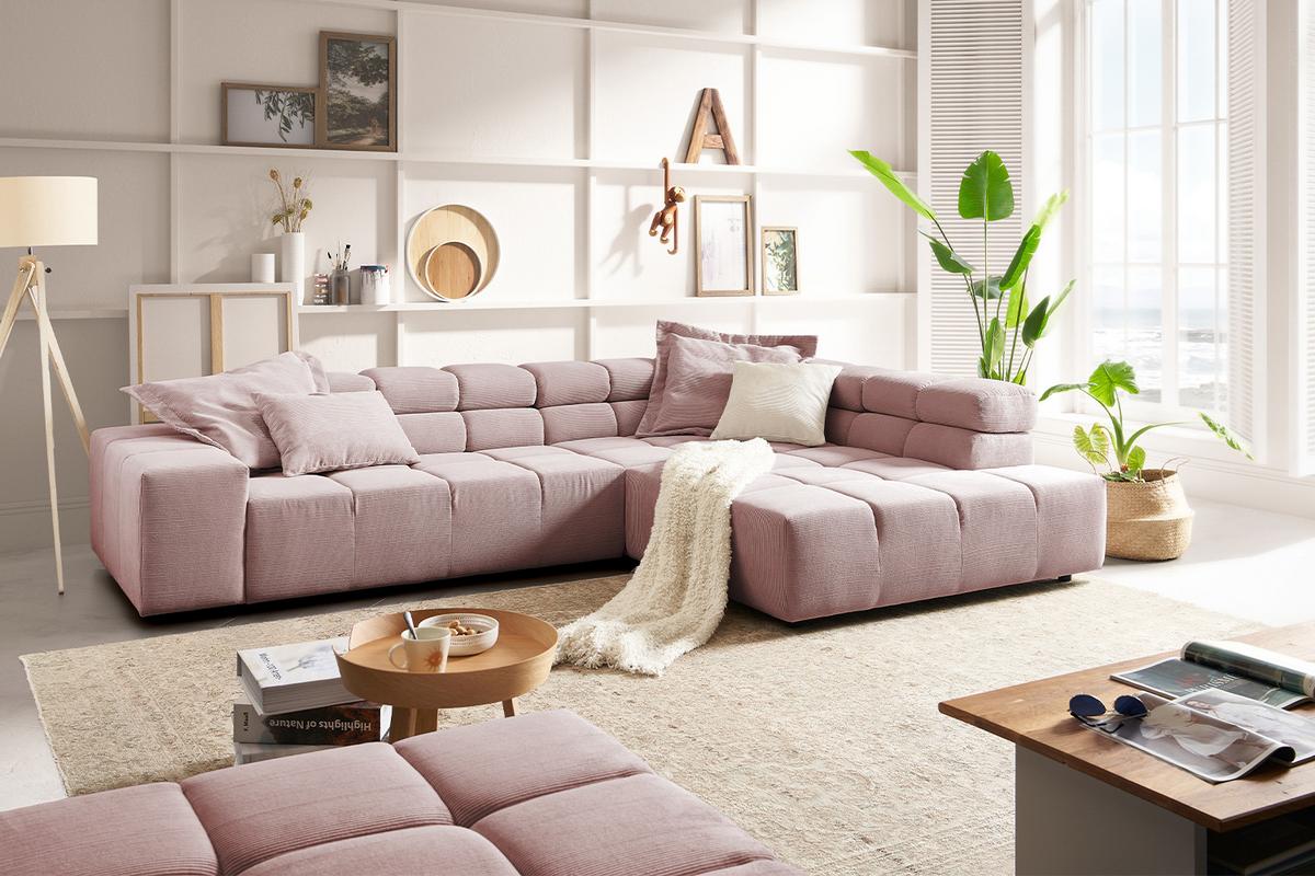 ECKSOFA MIT MOTORISCHEM SITZVORZUG NEVADA Pink Cord Relaxfunktion - Schwarz/Rosa, Kunststoff/Textil (319/215cm) - KAWOLA
