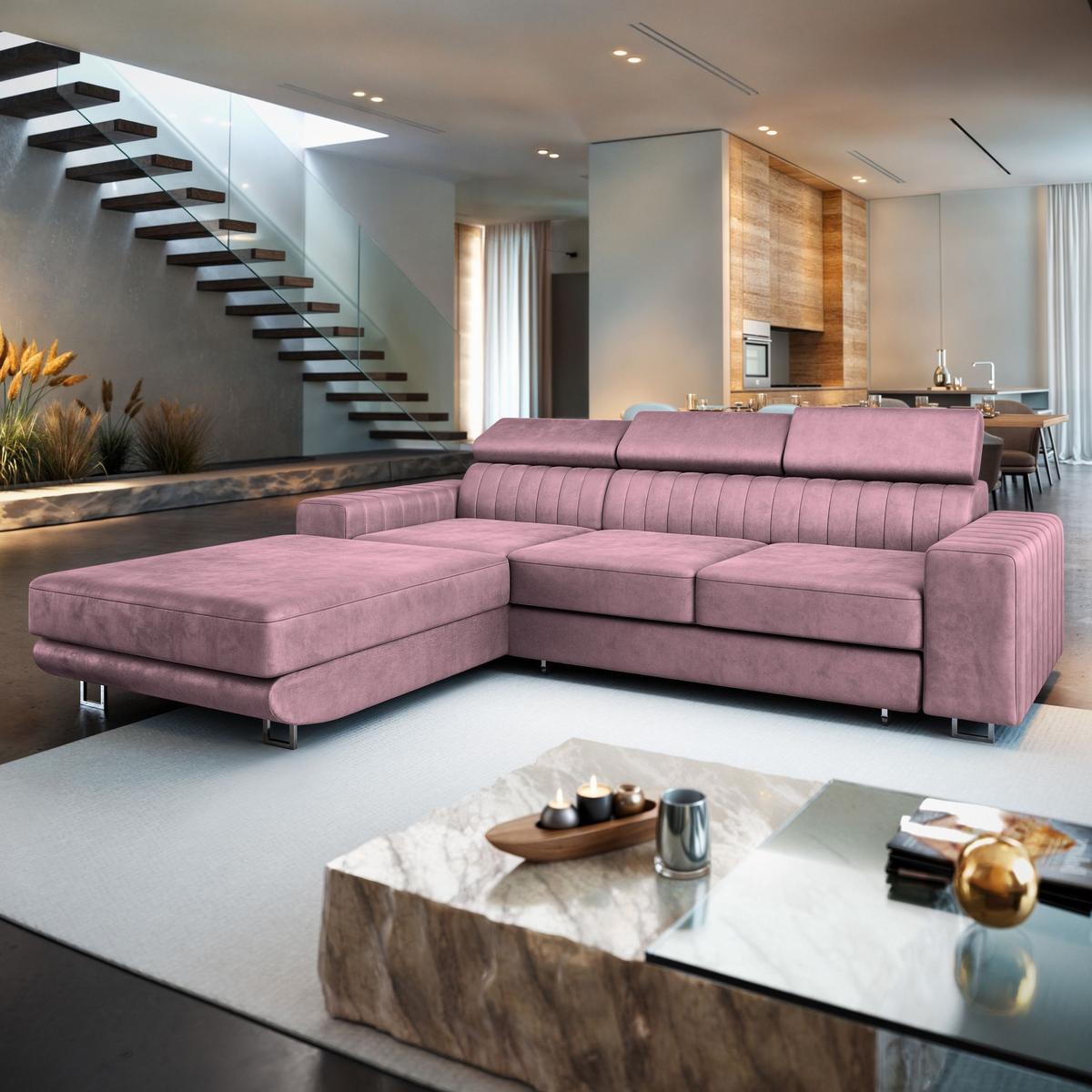 ECKSOFA NOTO L-S Lila Velours-Stoff mit Schlaffunktion - Lila/Silberfarben, Holz/Textil (267/190cm) - MASSENO