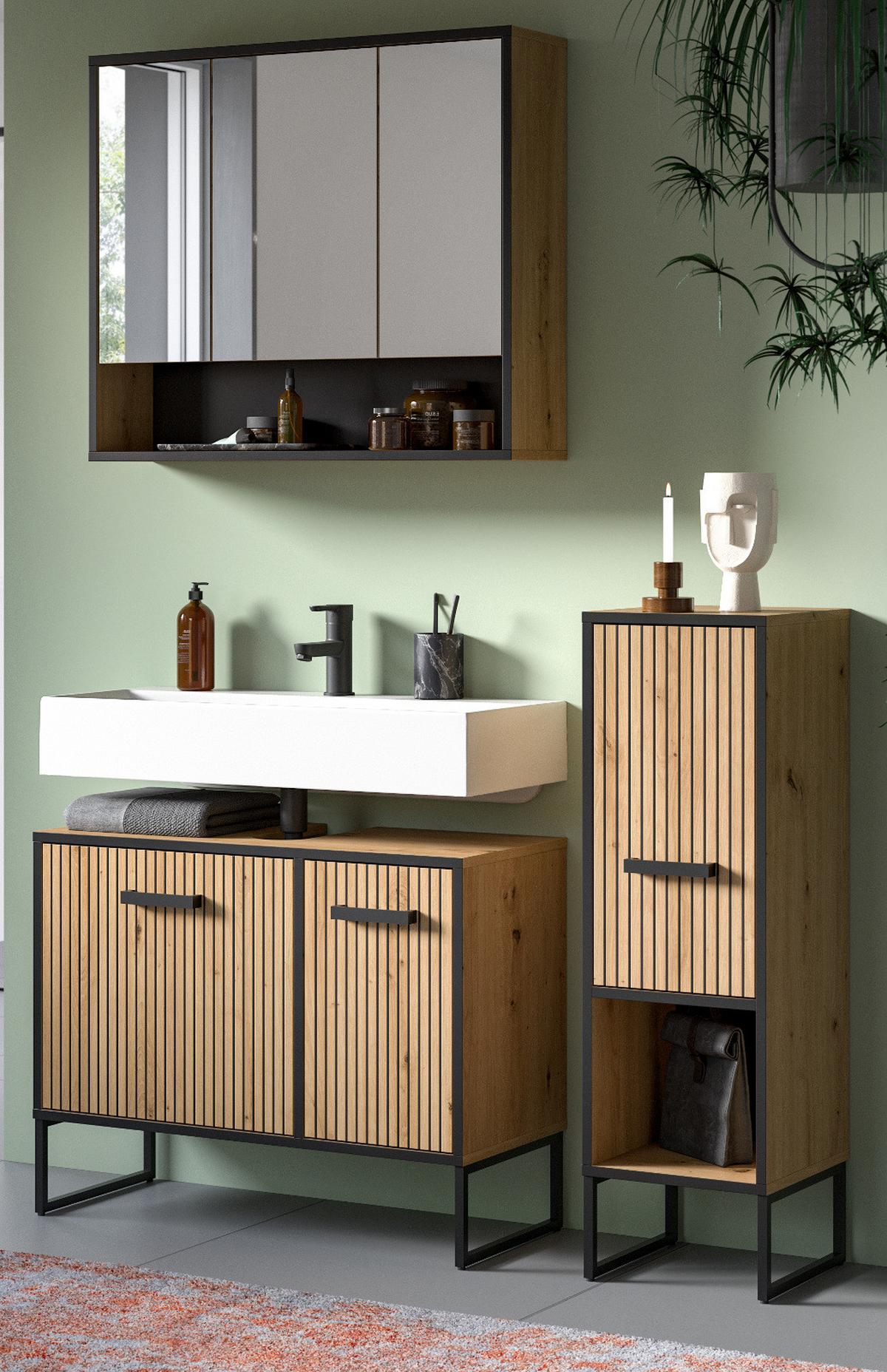 BADMÖBEL-SET 3-teilig Eiche Artisan, schwarz 125 cm, Badkombination mit Soft-Close - Schwarz/Eiche Artisan, Glas/Holzwerkstoff (125/192/36cm) - Inn.Furn