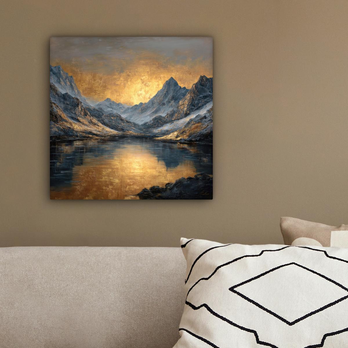LEINWANDBILD Bergkulisse mit goldenem Sonnenuntergang Deko Wohnzimmer 20x20 cm - Goldfarben, Textil (20/20cm) - MuchoWow