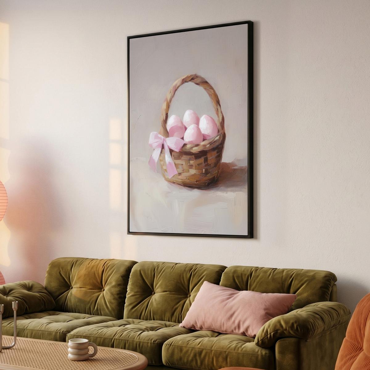 LEINWAND Bilder mit Rahmen - Korb - Eier - Rosa - 100x150 - Beige, Textil (100/150cm) - MuchoWow