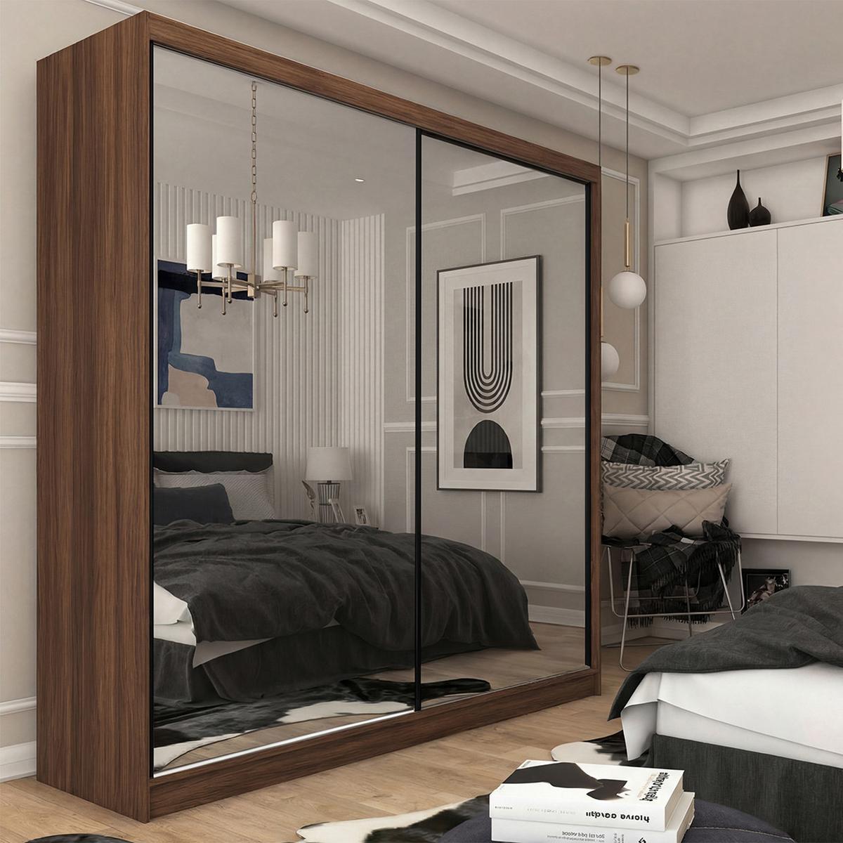 SCHWEBETÜRENSCHRANK Debra II mit Schubladen und Spiegel 200/216/61 Walnuss - Walnussfarben, Holzwerkstoff (200/216/61cm) - Beautysofa