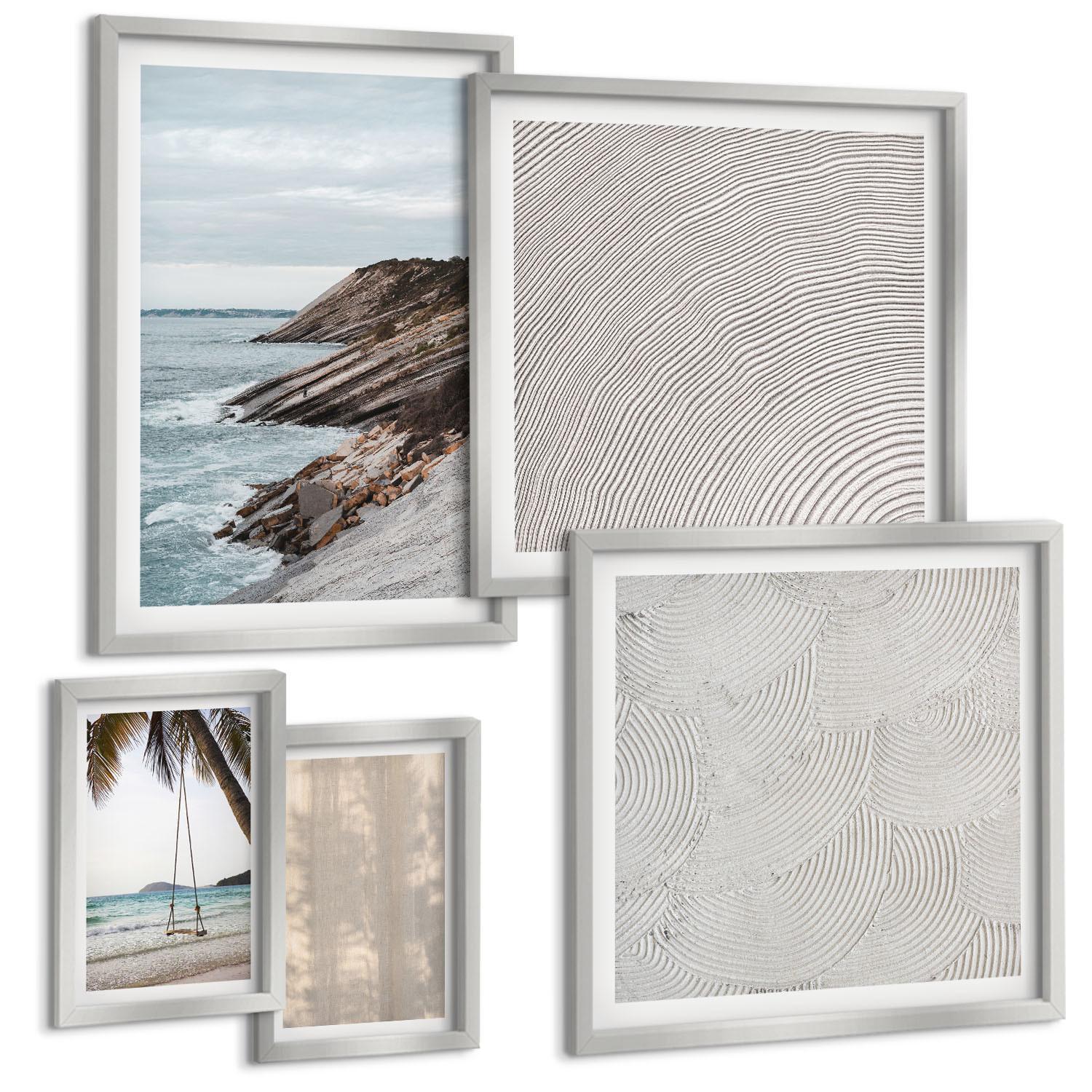 BILDER SET 5er Set - 50x50 cm & 20x30 cm & 40x60 cm Silberner Rahmen - Sommerlicher Sandstrand mit Meerblick - Silberfarben, Kunststoff (40/60cm) - TULUP