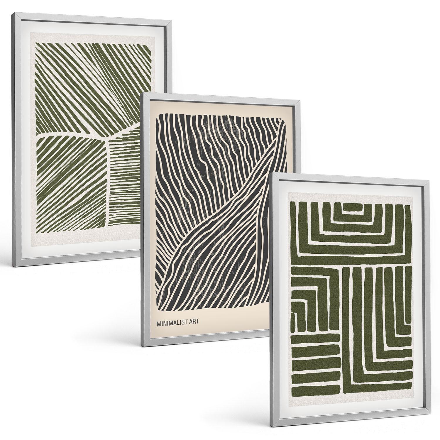 BILDER SET 3er Set - 40x60 cm Silberner Rahmen - Muster Linien Formen grün - Silberfarben, Kunststoff (40/60cm) - TULUP