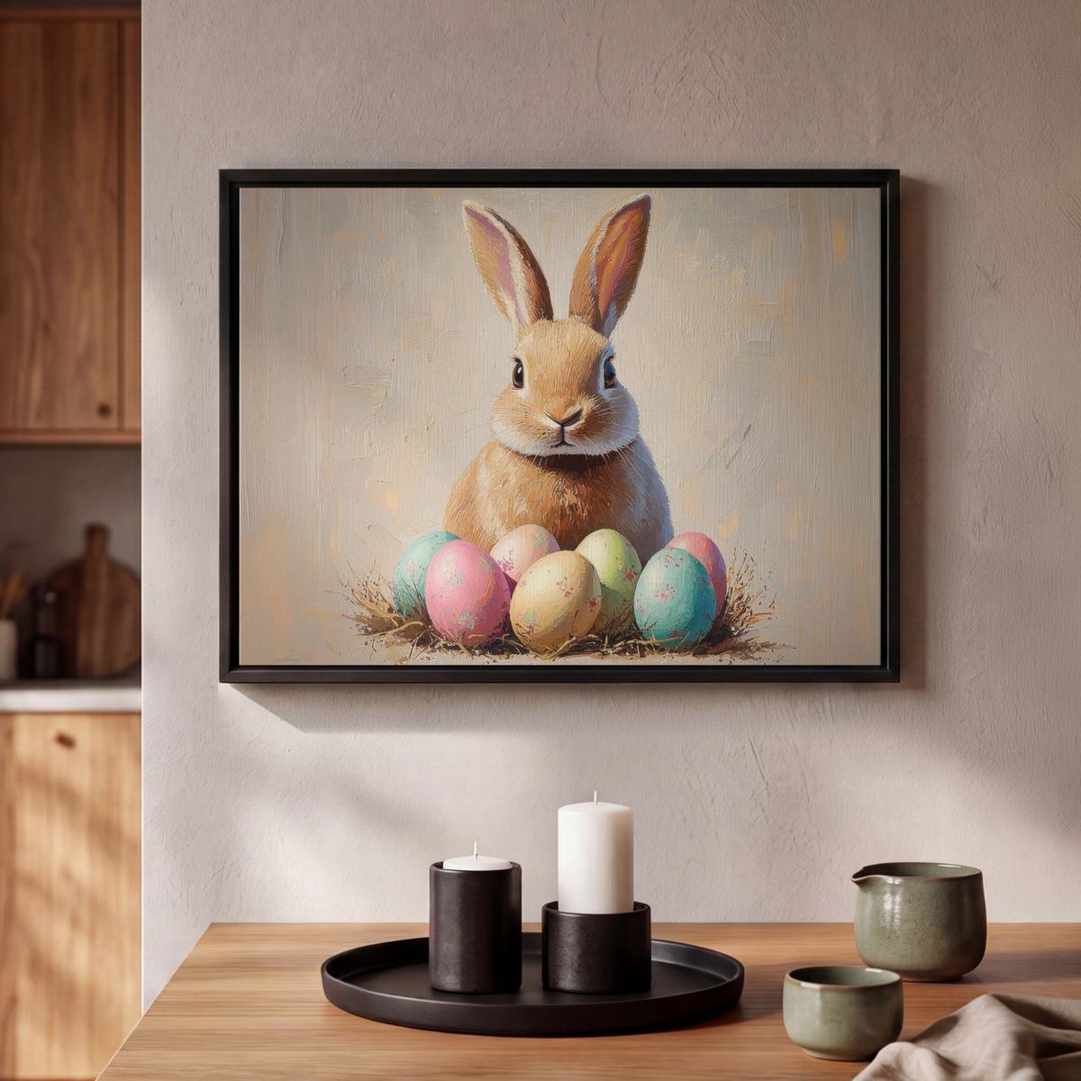 LEINWAND Bilder mit Rahmen - Osterhase - Pastell - Eier - 40x30 - Beige, Textil (40/30cm) - MuchoWow