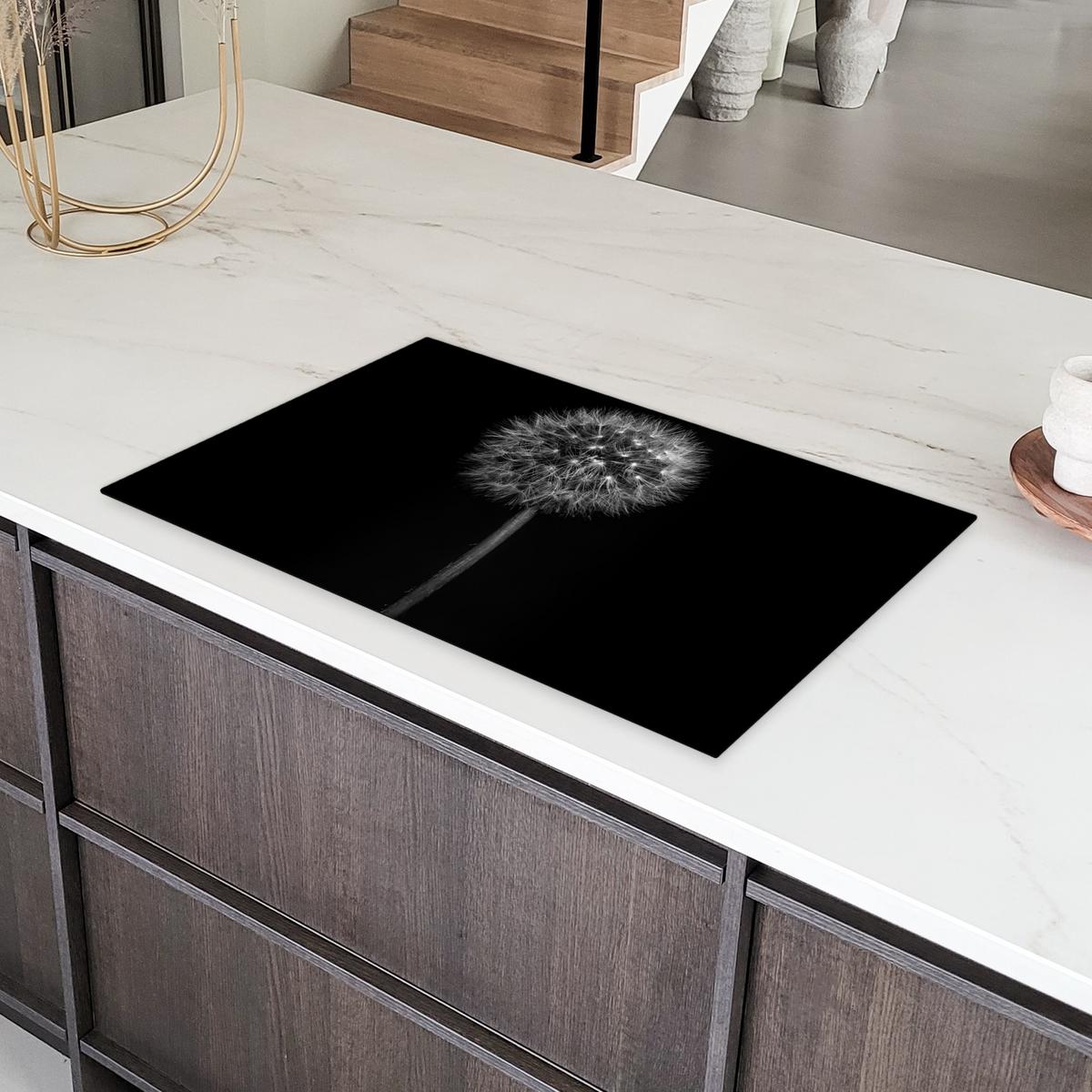HERDABDECKPLATTE Löwenzahn - Schwarz - Floral - Botanisch Ceranfeldabdeckung 85x52 cm - Grau, Kunststoff (85/52/0.2cm) - MuchoWow