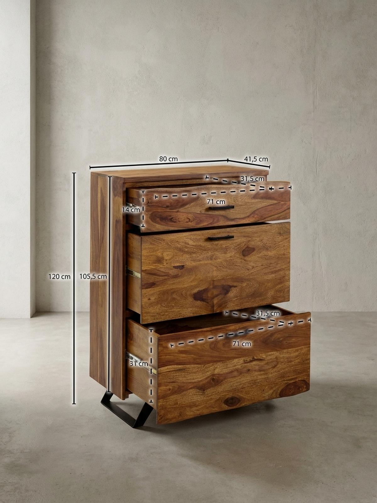 KOMMODE – Massivholz, 80x120x41,5 cm, Metallgestell, 3 Schubladen - Schwarz/Braun, Holz/Metall (80/120/42cm) - KADIMA DESIGN