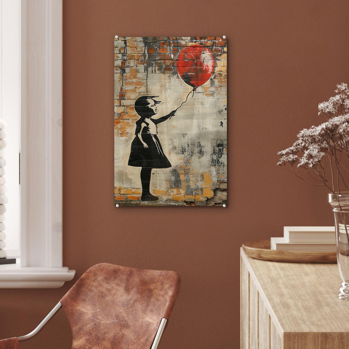 ACRYLGLASBILD Graffiti - Banksy - Mädchen - Straßenkunst Wanddeko Wohnzimmer 40x60 cm - Sandfarben, Glas (40/60cm) - MuchoWow