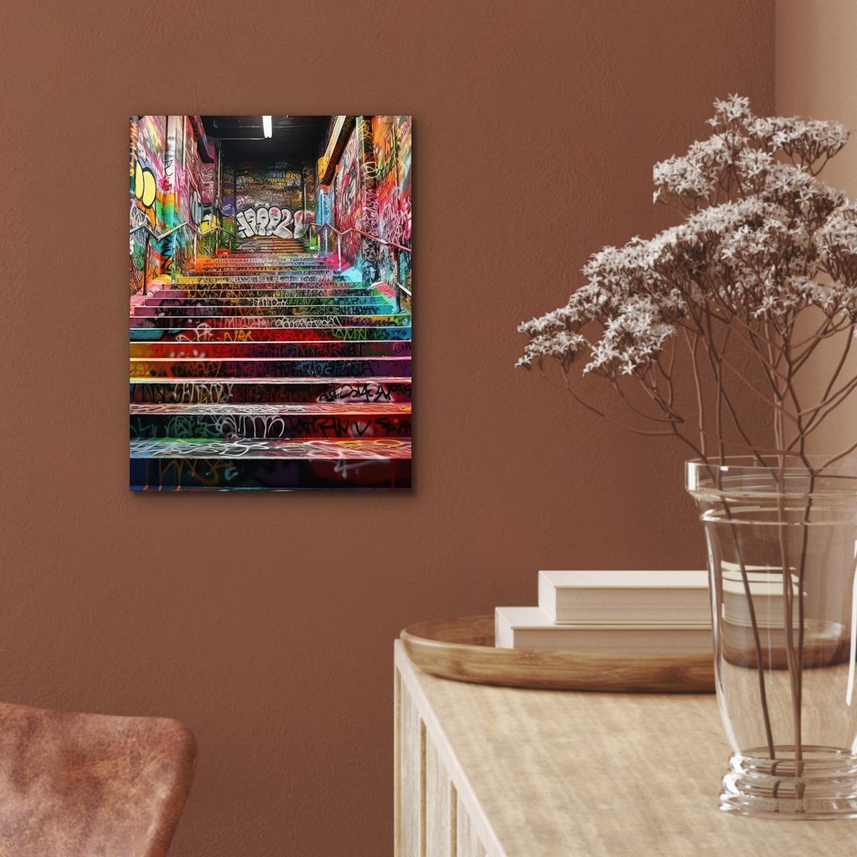 METALLBILD Treppe - Graffiti - Farben - Kunst 30x40 cm - Multicolor, Metall (30/40cm) - MuchoWow