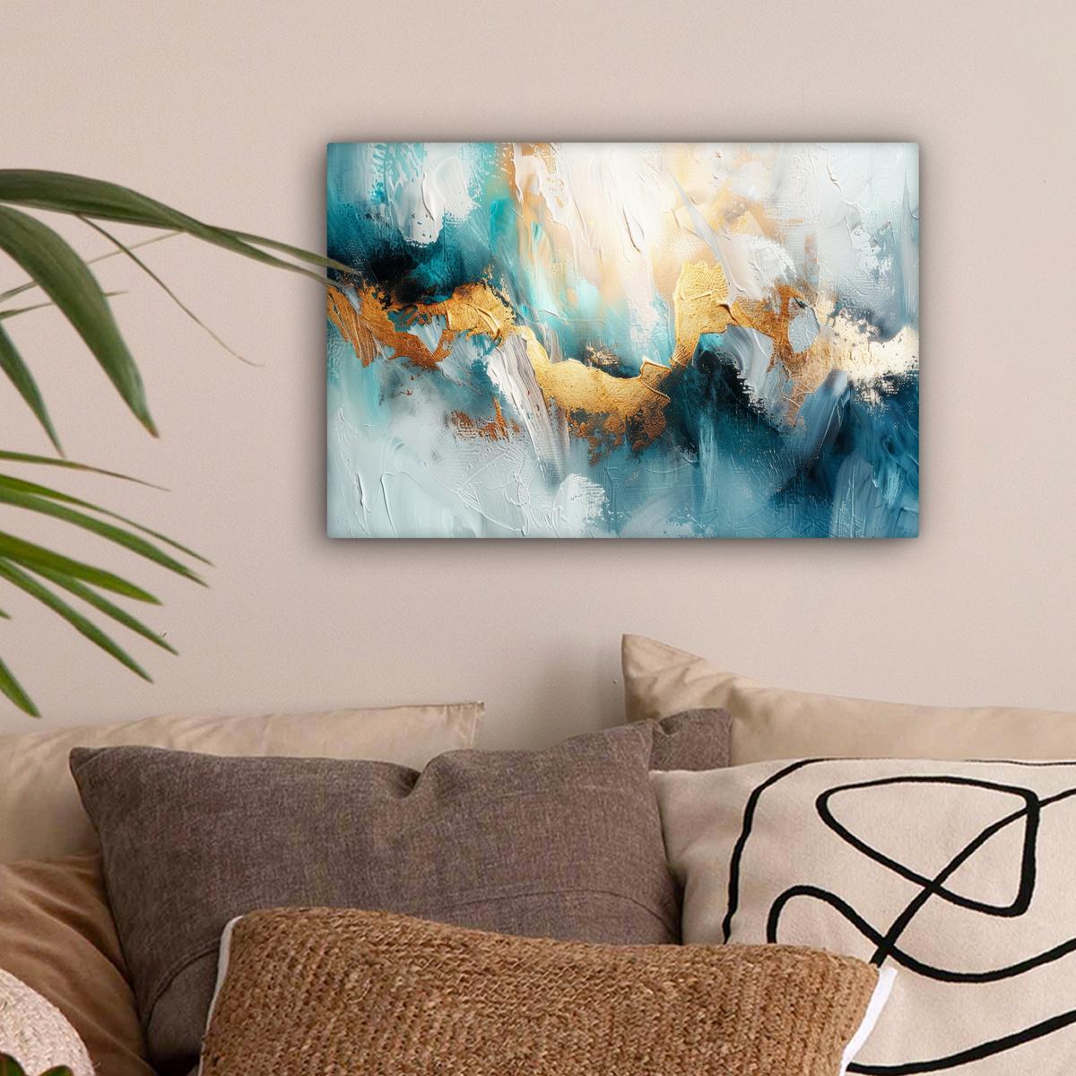LEINWANDBILD Abstrakt - Kunst - Gold - Blau Deko Schlafzimmer 30x20 cm - Petrol, Textil (30/20cm) - MuchoWow