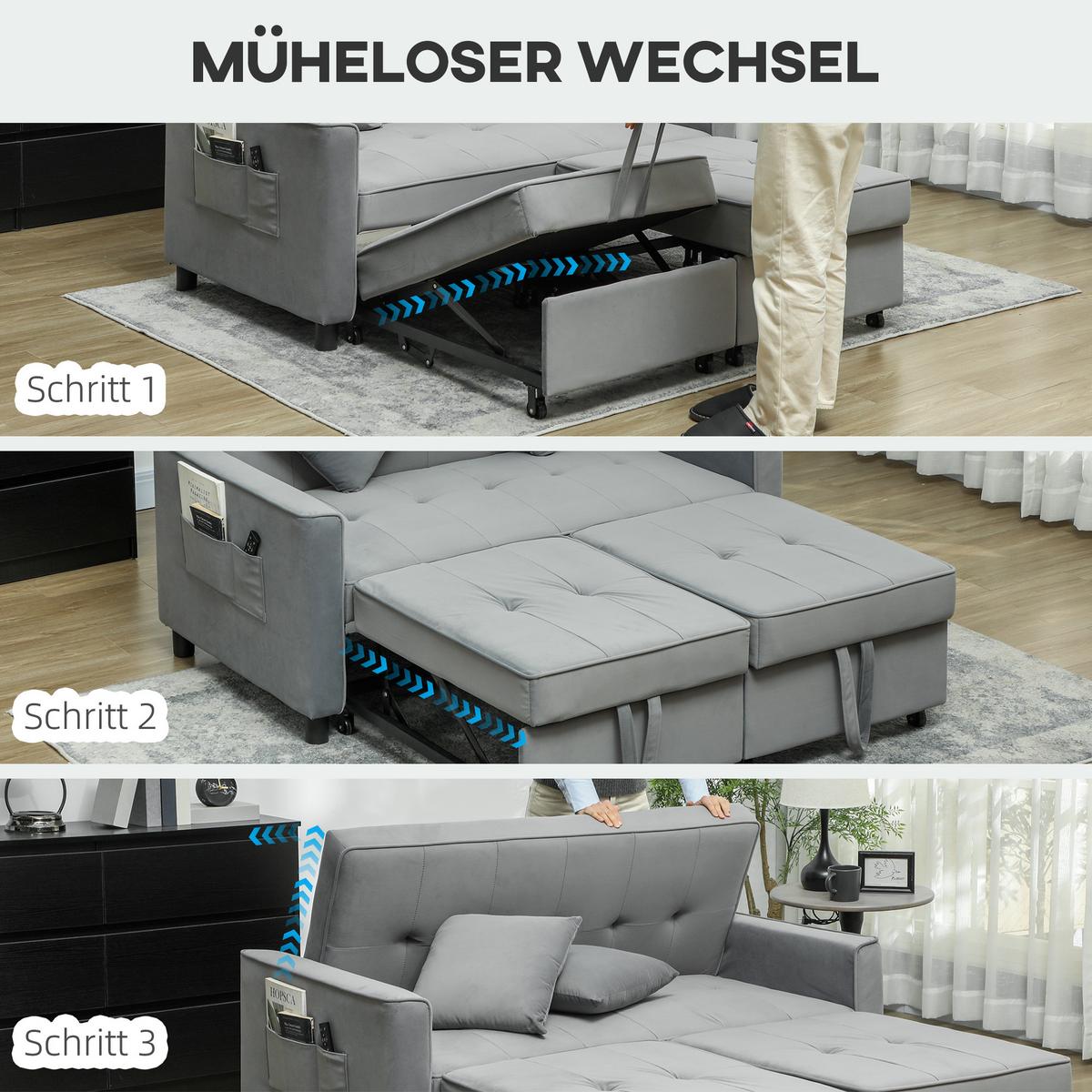 SCHLAFSOFA, 2-Sitzer Sofa mit Schlaffunktion, Verstellbare Rückenlehne, Rollen - Grau, Metall (90.5/89/140.5cm) - HOMCOM