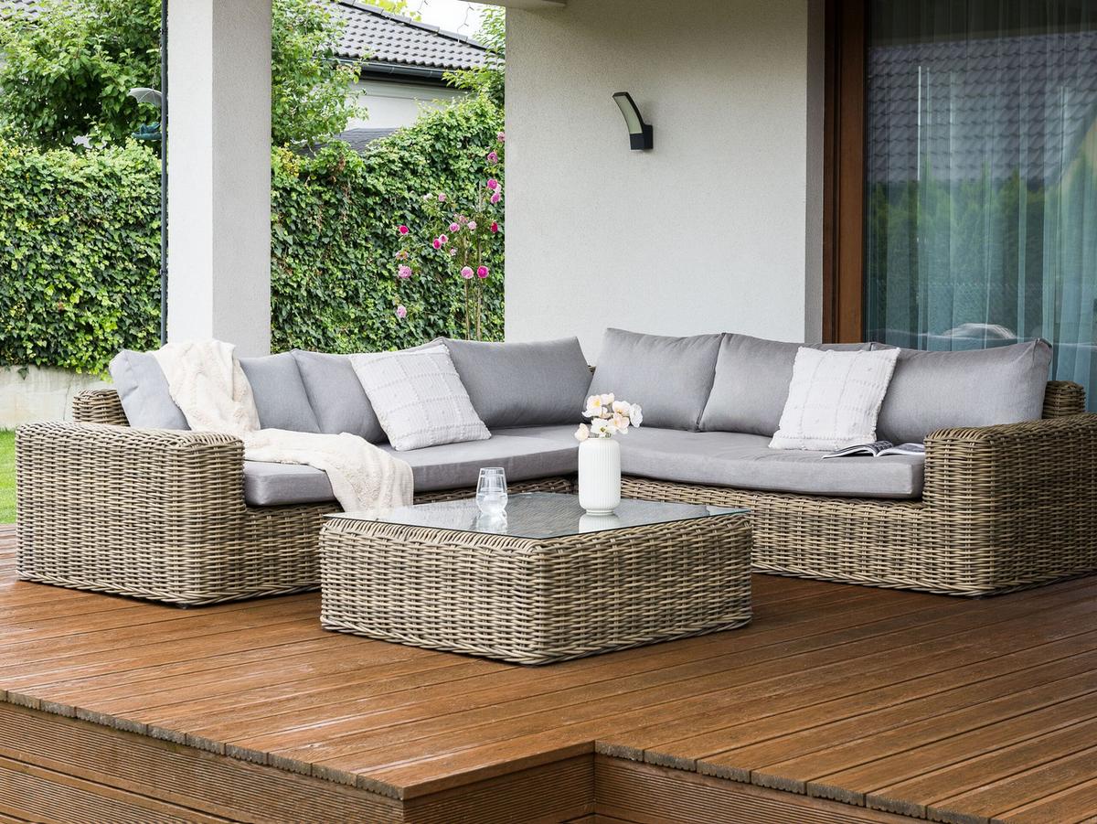 LOUNGE-SET 6-Sitzer PE Rattan Hellbraun Palermo - Braun/Grau, Kunststoff - Beliani