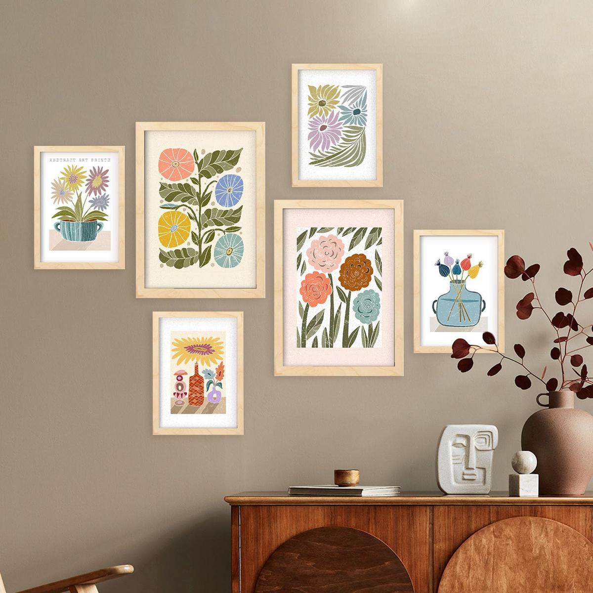 POSTER Set Mit 6 Drucken Blüten In Der Sammlung Ethnischer Style Drucke Dekorative Rahmen Für Zuhause Wandkunstdruck A3 & A4 Rahmen Aus Hellem Holz - Beige, Papier (29/3cm) - Nacnic