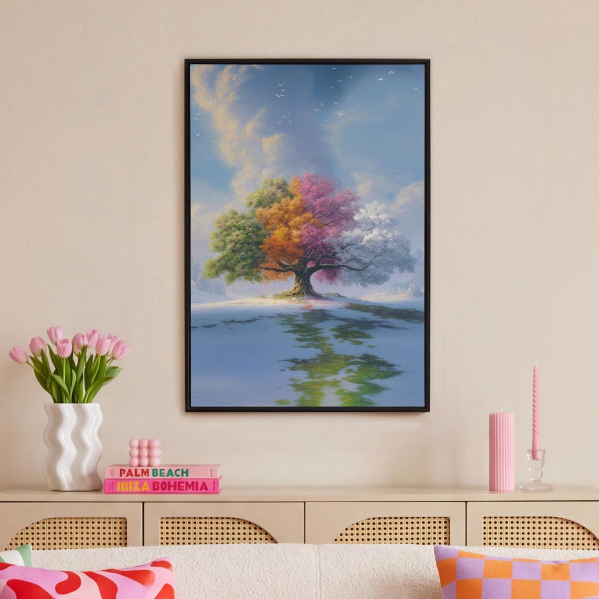LEINWAND Bilder mit Rahmen - Baum - Jahreszeiten - Winter - Landschaft - 60x90 - Multicolor, Textil (60/90cm) - MuchoWow