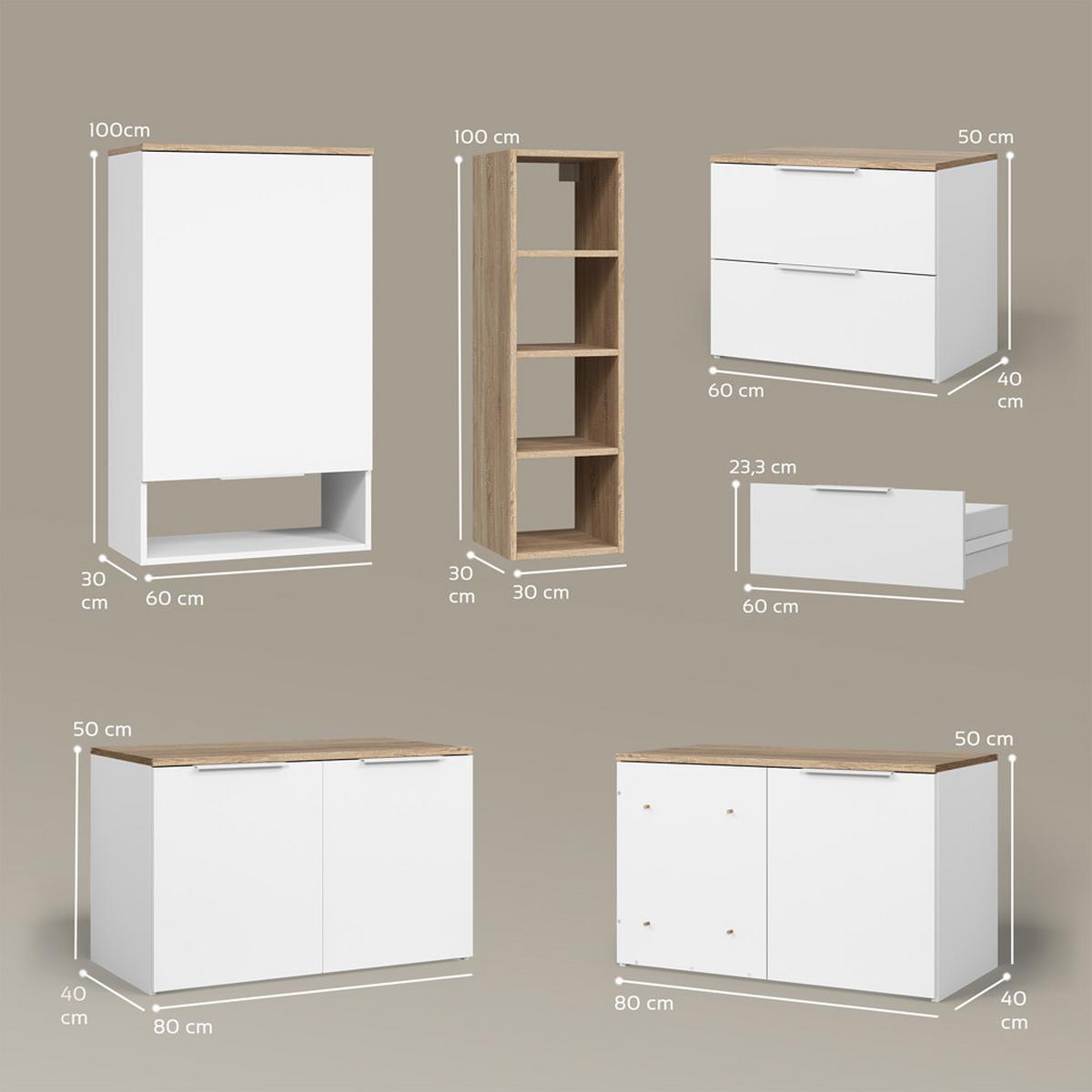 WOHNWAND Piave Weiß/Sonoma 5 Teile - Weiß/Sonoma Eiche, Holzwerkstoff (80/50/40cm) - Livinity®