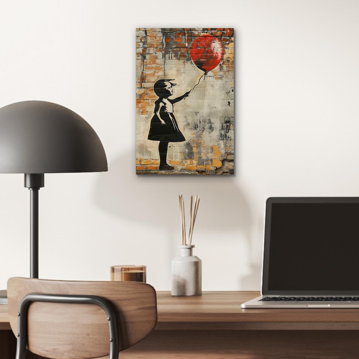 METALLBILD Graffiti - Banksy - Mädchen - Straßenkunst 20x30 cm - Sandfarben, Metall (20/30cm) - MuchoWow