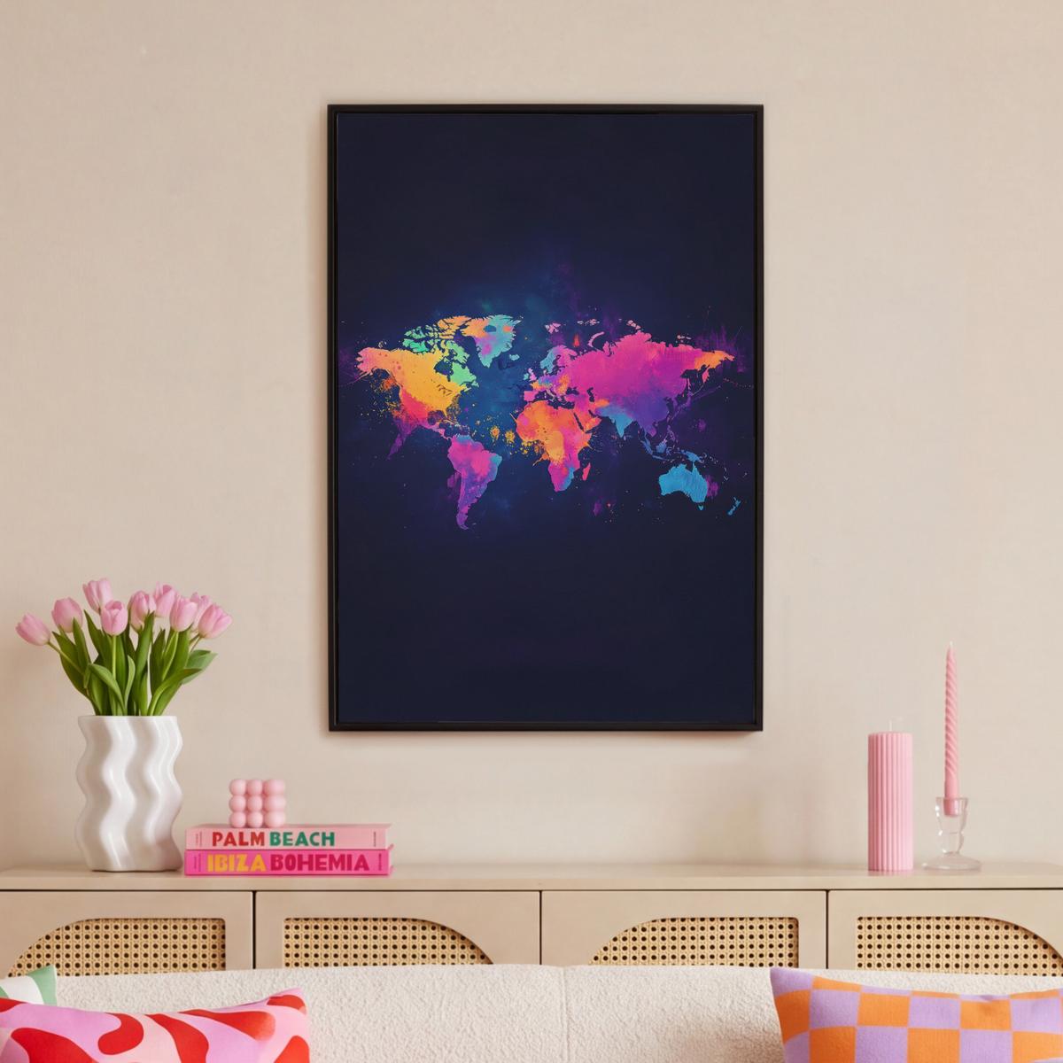LEINWAND Bilder mit Rahmen - Weltkarte - Bunt - Graffiti - 60x90 - Multicolor, Textil (60/90cm) - MuchoWow