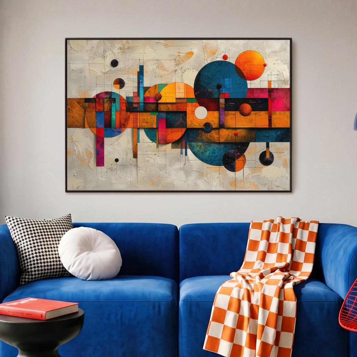 LEINWAND Bilder mit Rahmen - Vintage - Moderne Kunst - Orange - Geometrische Formen - 90x60 - Multicolor, Textil (90/60cm) - MuchoWow