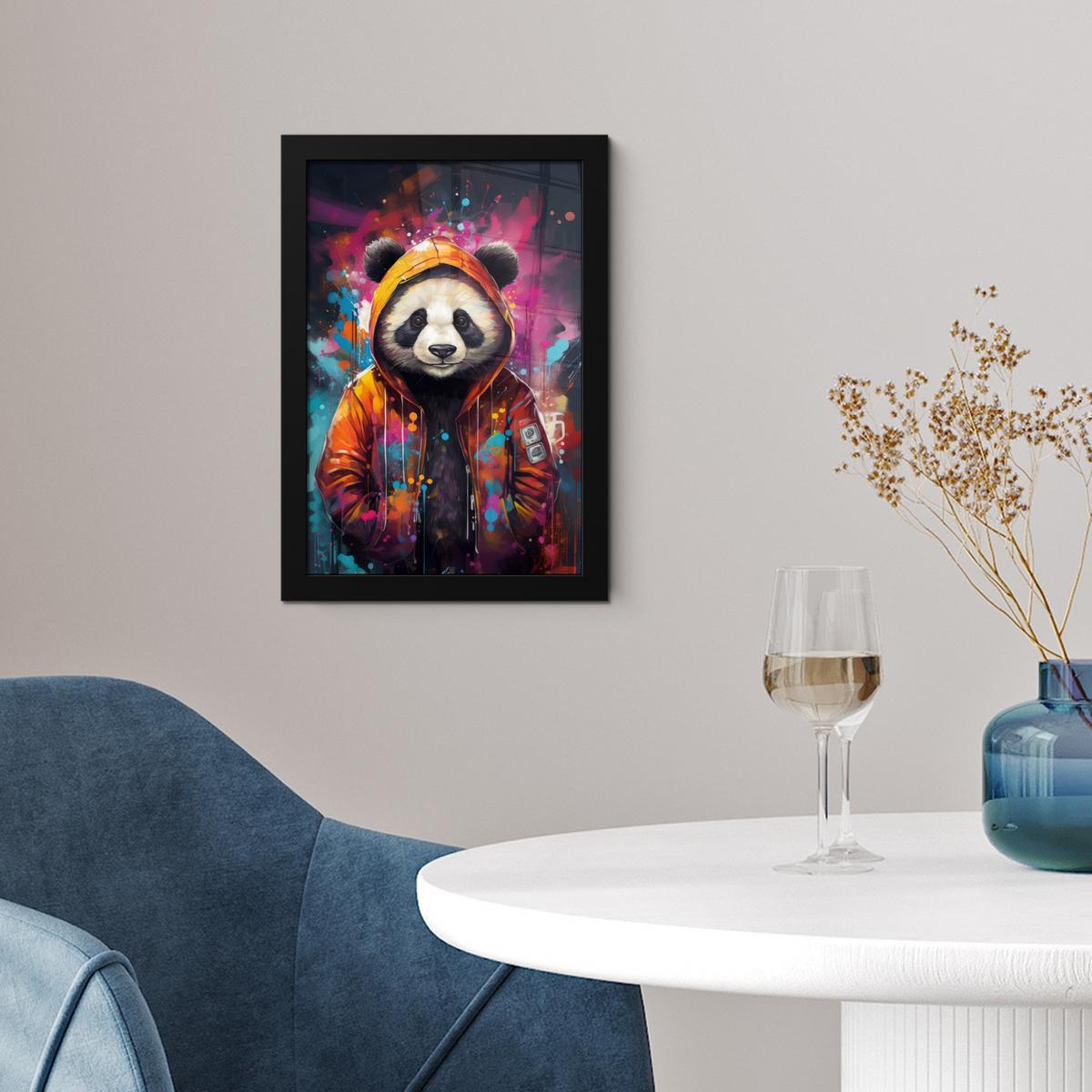 POSTER MIT RAHMEN Panda - Jacke - Graffiti - Orange Poster 20x30 cm - Orange, Papier (20/30cm) - MuchoWow