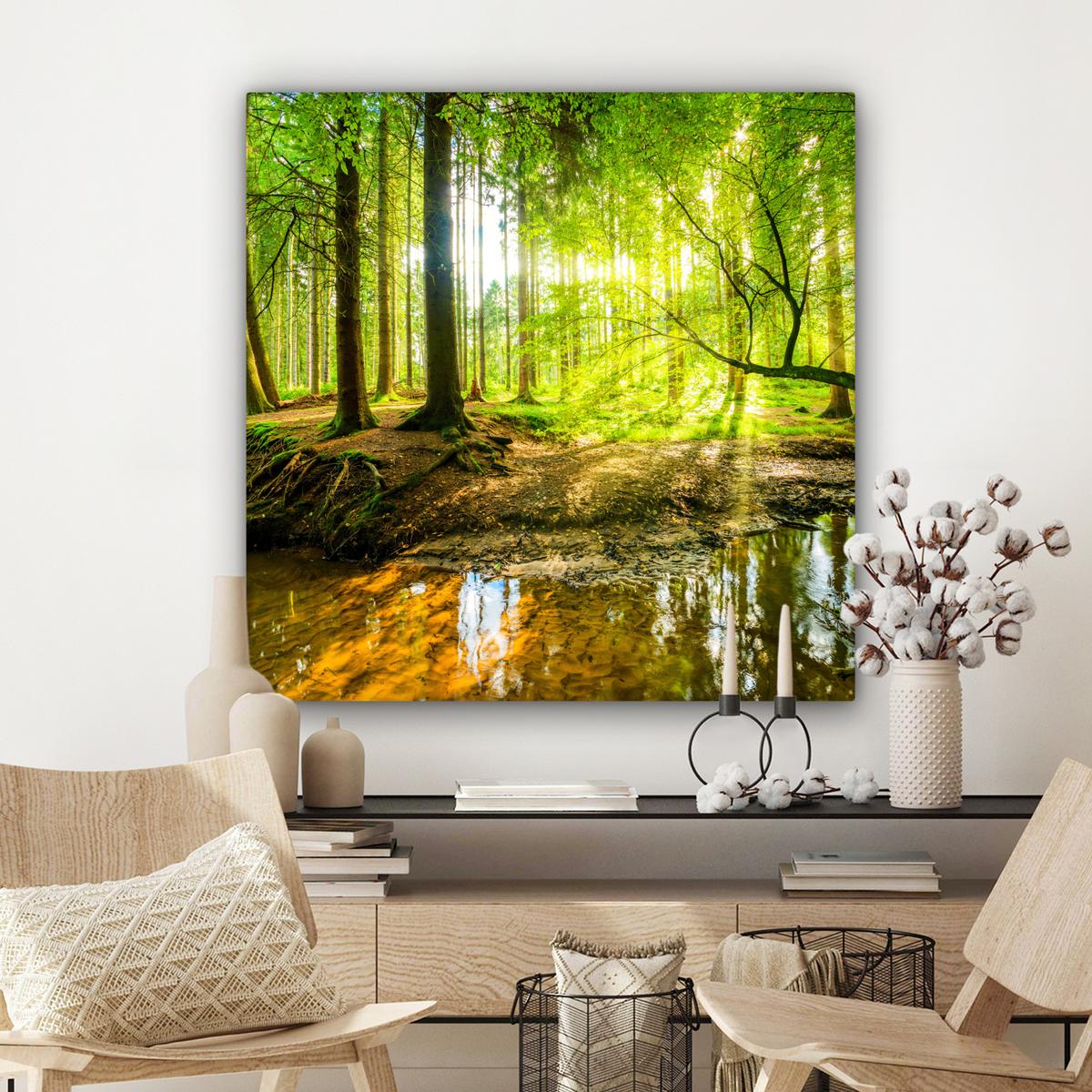 LEINWANDBILD Wald - Landschaft - Wasser - Bäume - Sonne - Grün - Natur Deko Groß 90x90 cm - Grün, Textil (90/90cm) - MuchoWow