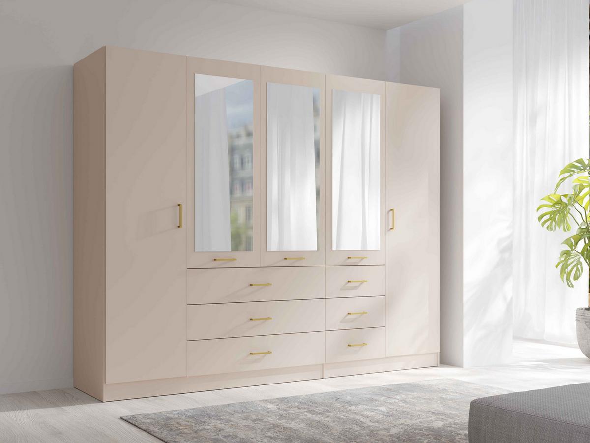 DREHTÜRENSCHRANK NEVARIS 250/200,5/58cm 5-türig mit Spiegel Sandbeige - Sandfarben, Holzwerkstoff (250/200.5/58cm) - MASSENO