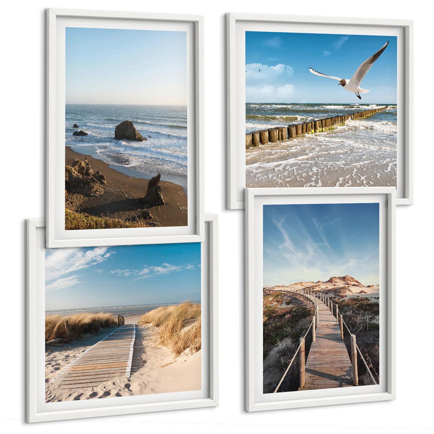 BILDER SET 4er Set - 50x50 cm & 40x60 cm Weißer Rahmen - Strandwellen, Himmelsbrücke, Spaziergang - Weiß, Kunststoff (50/50cm) - TULUP