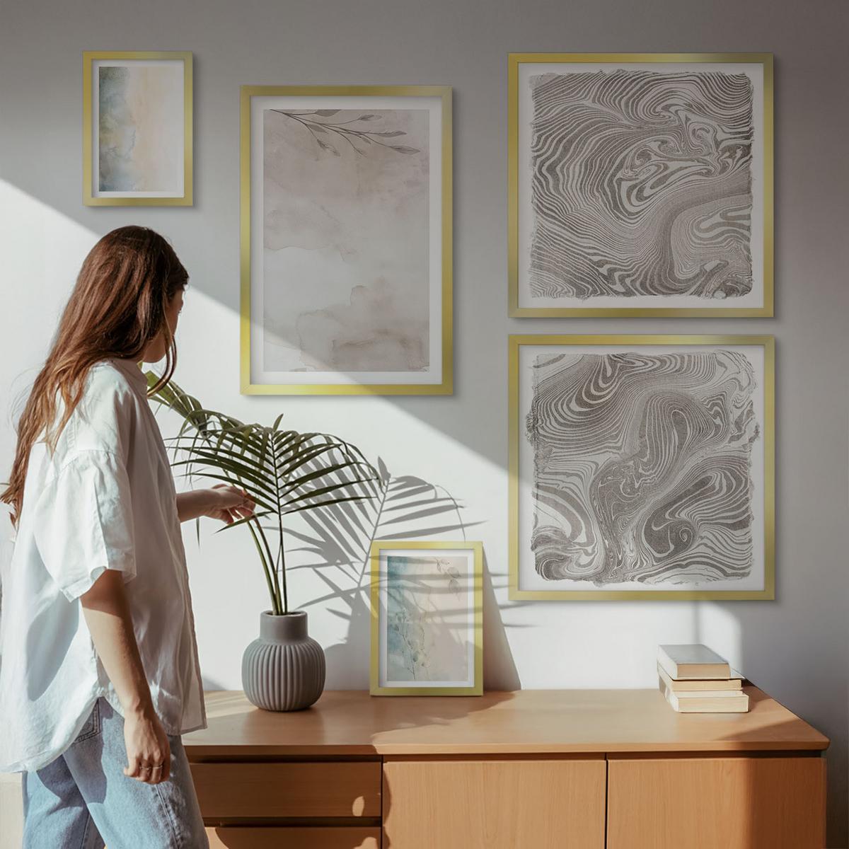 BILDER SET 5er Set - 50x50 cm & 20x30 cm & 40x60 cm Goldrahmen - Zarte Aquarellkartons - Goldfarben, Kunststoff (40/60cm) - TULUP