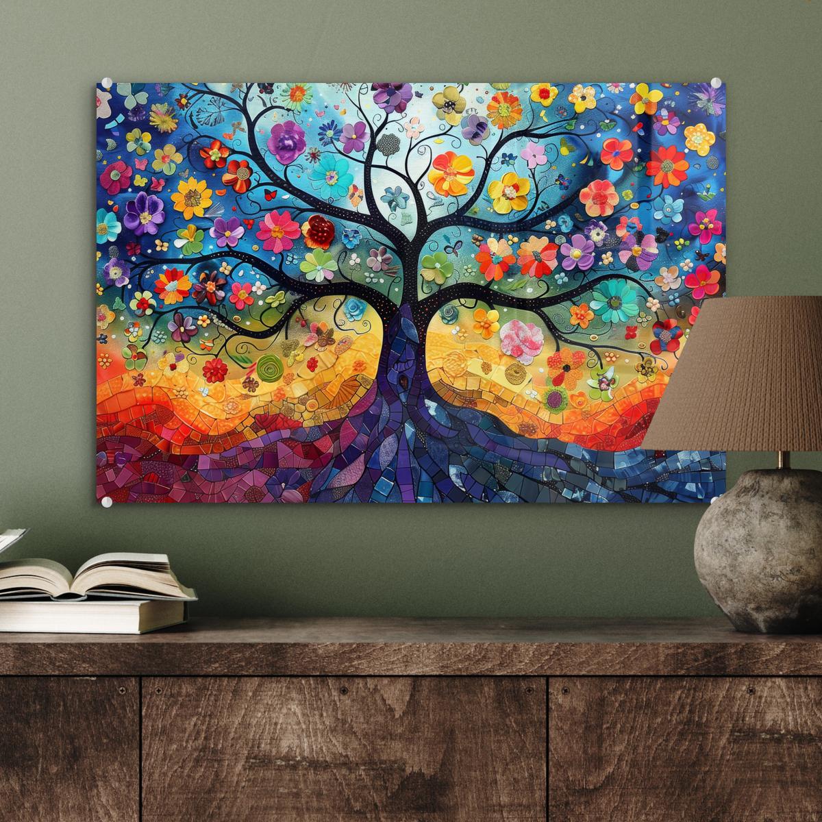 ACRYLGLASBILD Kunst - Baum des Lebens - Blumen - Hippie Wanddeko 60x40 cm - Dunkelblau, Glas (60/40cm) - MuchoWow